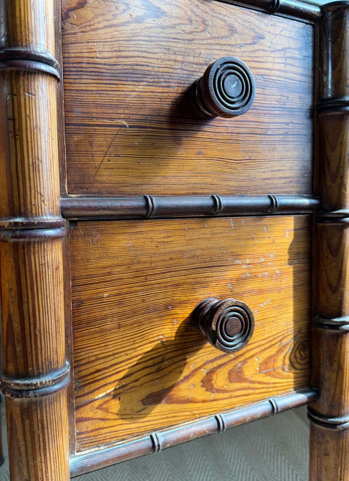 An Exceptionally Rare Museum-Grade Pair of Faux Bamboo Bedside Cabinets by Howard & Sons Circa 1900