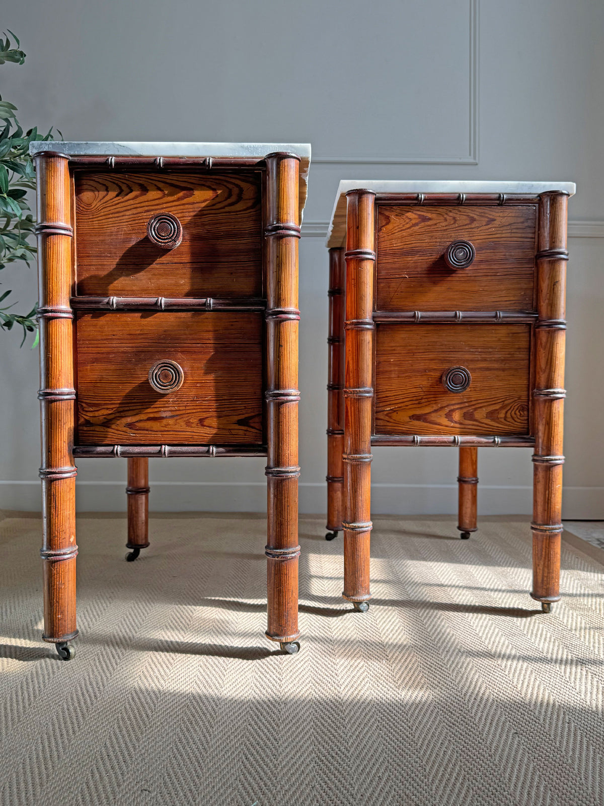 An Exceptionally Rare Museum-Grade Pair of Faux Bamboo Bedside Cabinets by Howard & Sons Circa 1900