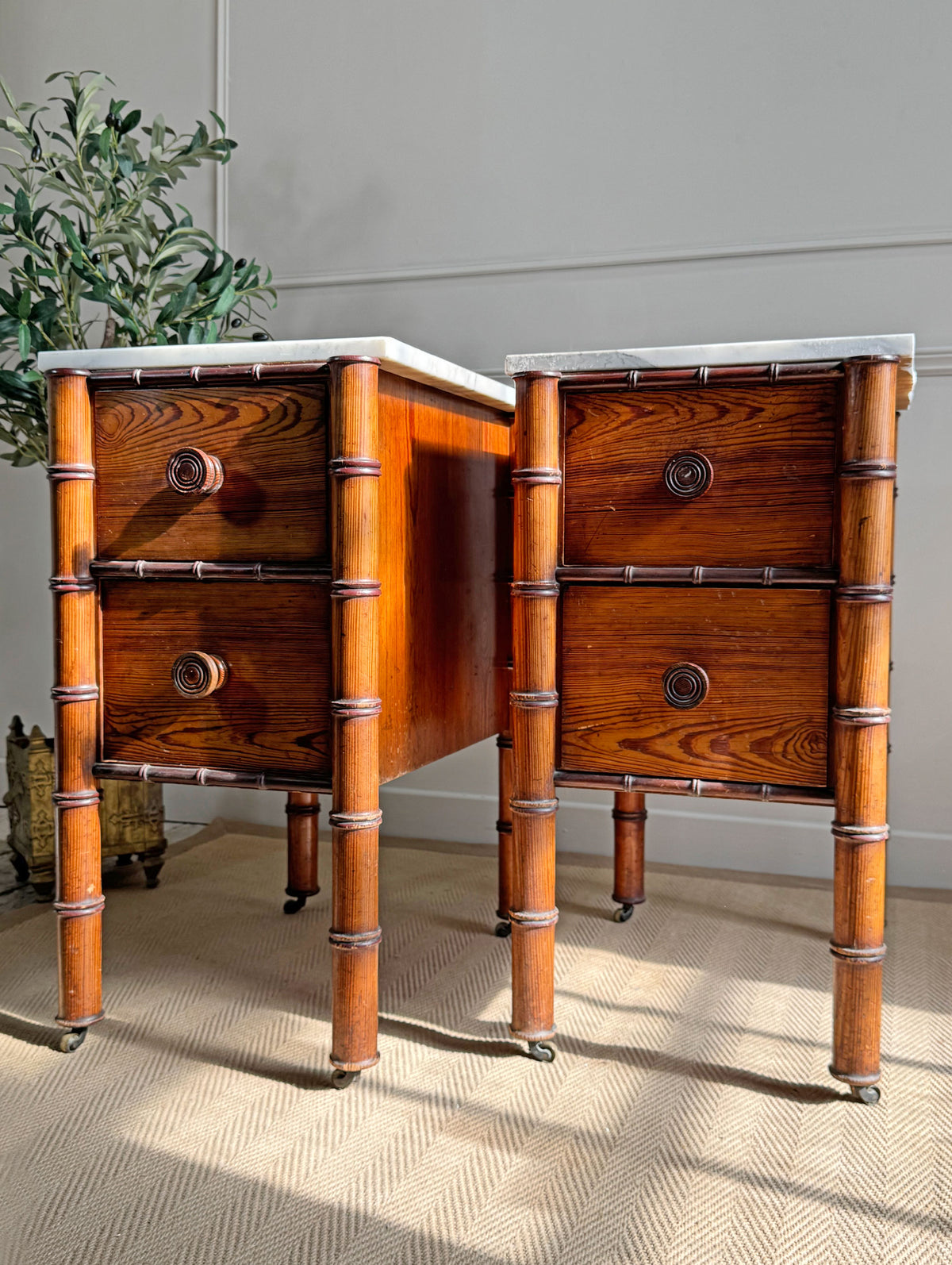 An Exceptionally Rare Museum-Grade Pair of Faux Bamboo Bedside Cabinets by Howard & Sons Circa 1900