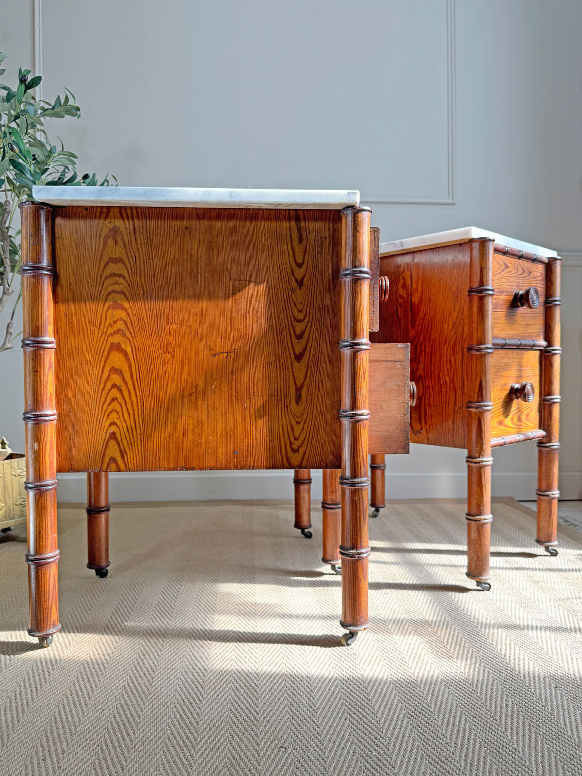 An Exceptionally Rare Museum-Grade Pair of Faux Bamboo Bedside Cabinets by Howard & Sons Circa 1900