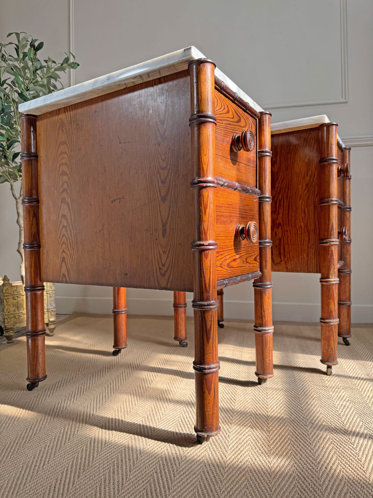 An Exceptionally Rare Museum-Grade Pair of Faux Bamboo Bedside Cabinets by Howard & Sons Circa 1900