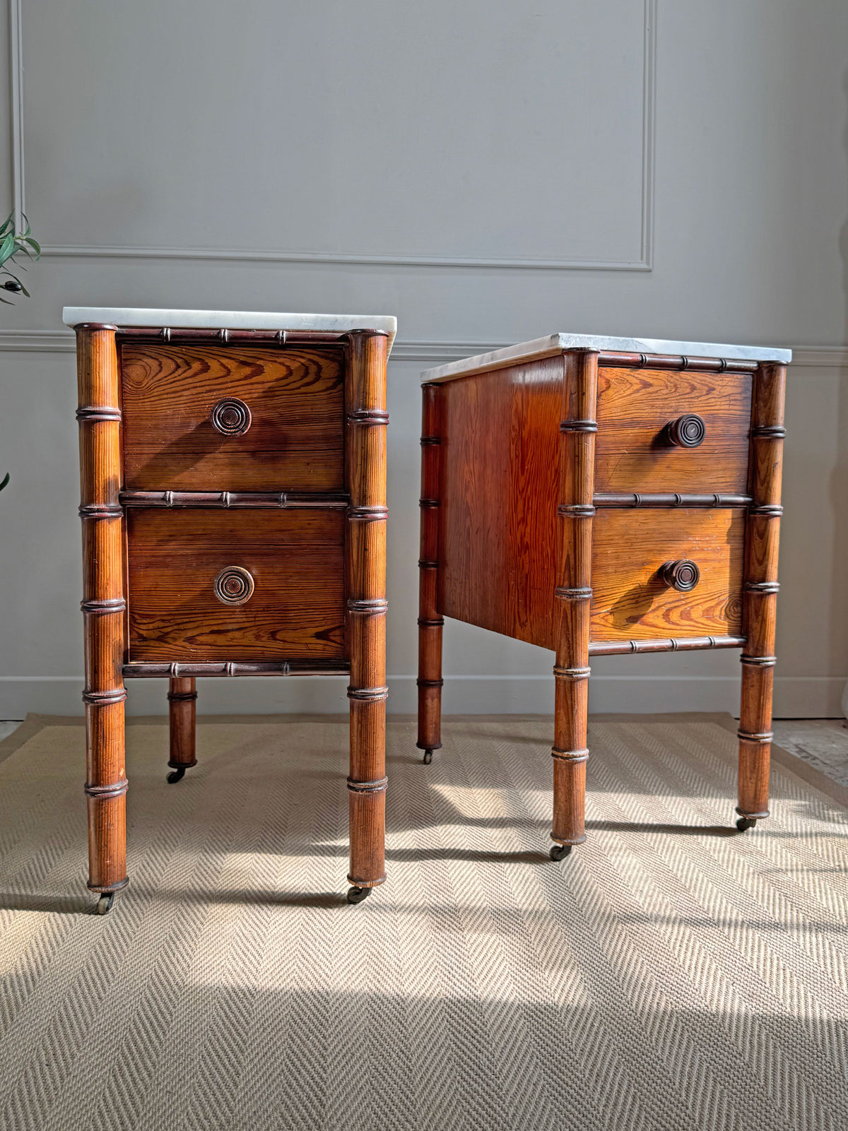 An Exceptionally Rare Museum-Grade Pair of Faux Bamboo Bedside Cabinets by Howard & Sons Circa 1900