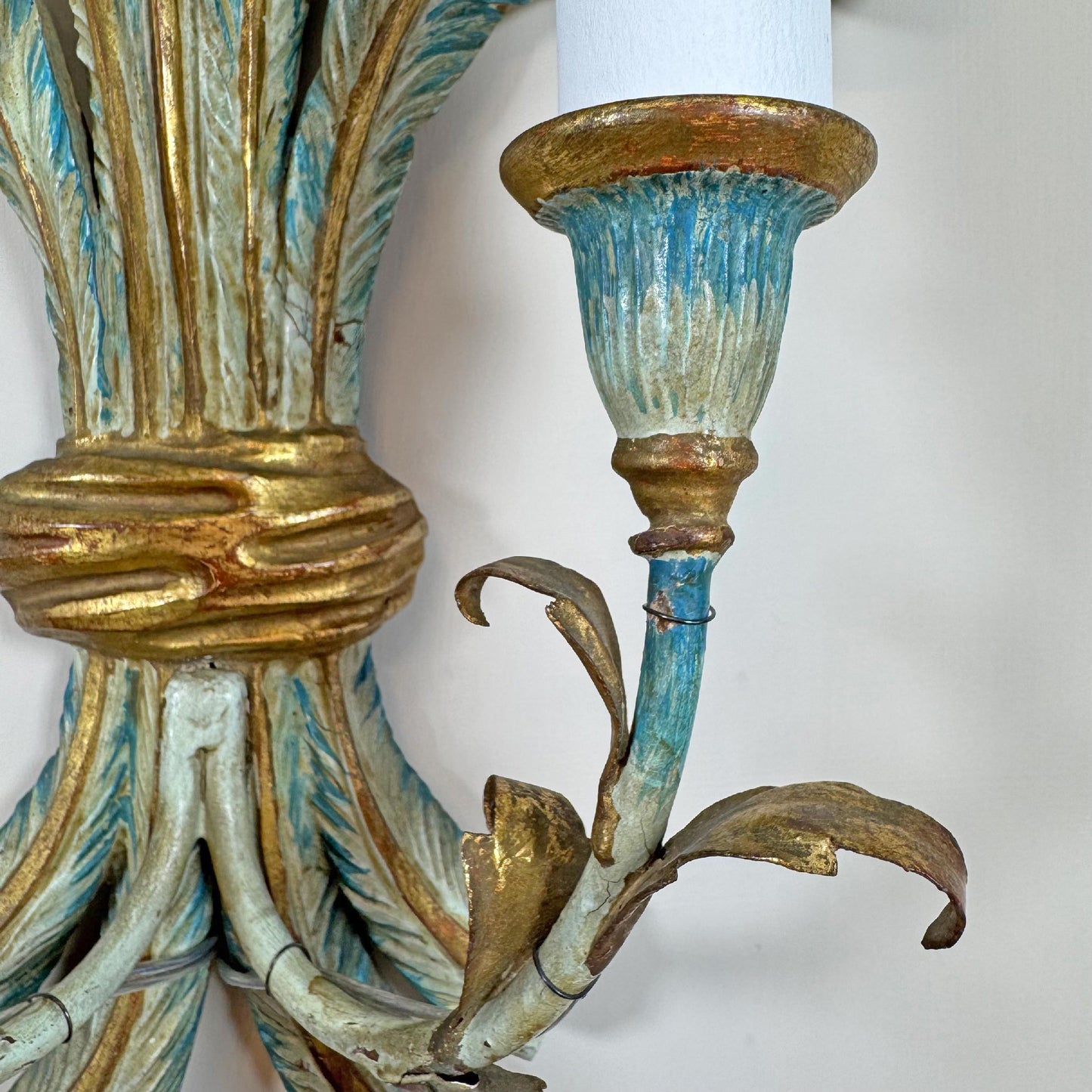 19th Century Italian Blue Polychrome Wooden Ostrich Feather Wall Lights