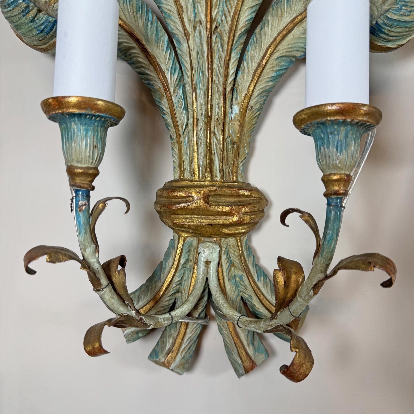 19th Century Italian Blue Polychrome Wooden Ostrich Feather Wall Lights