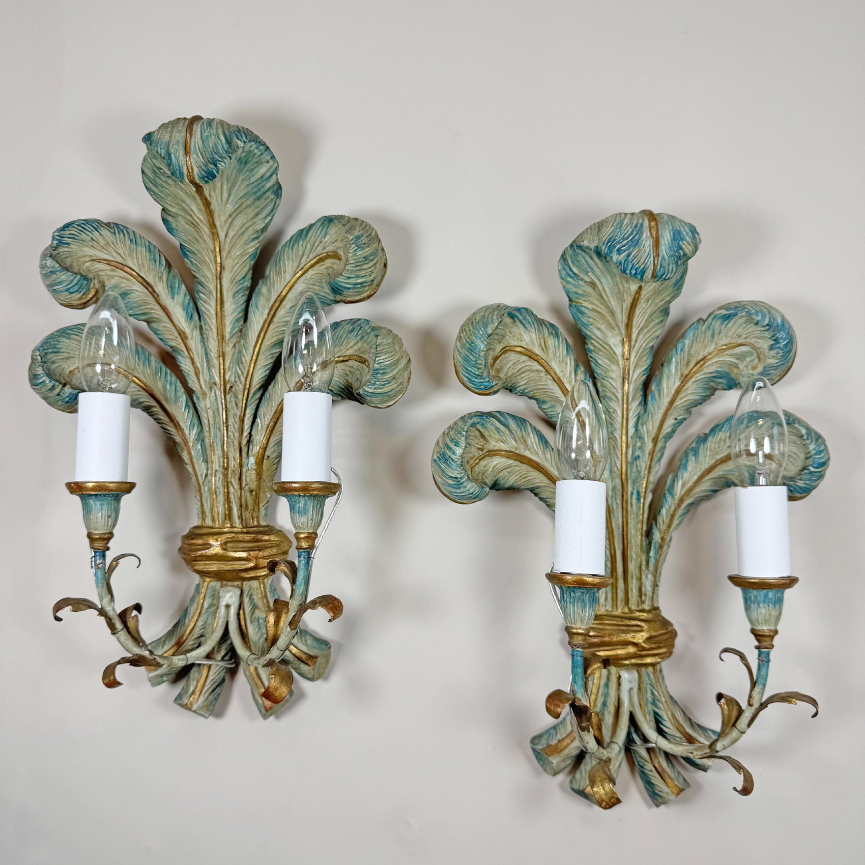 19th Century Italian Blue Polychrome Wooden Ostrich Feather Wall Lights