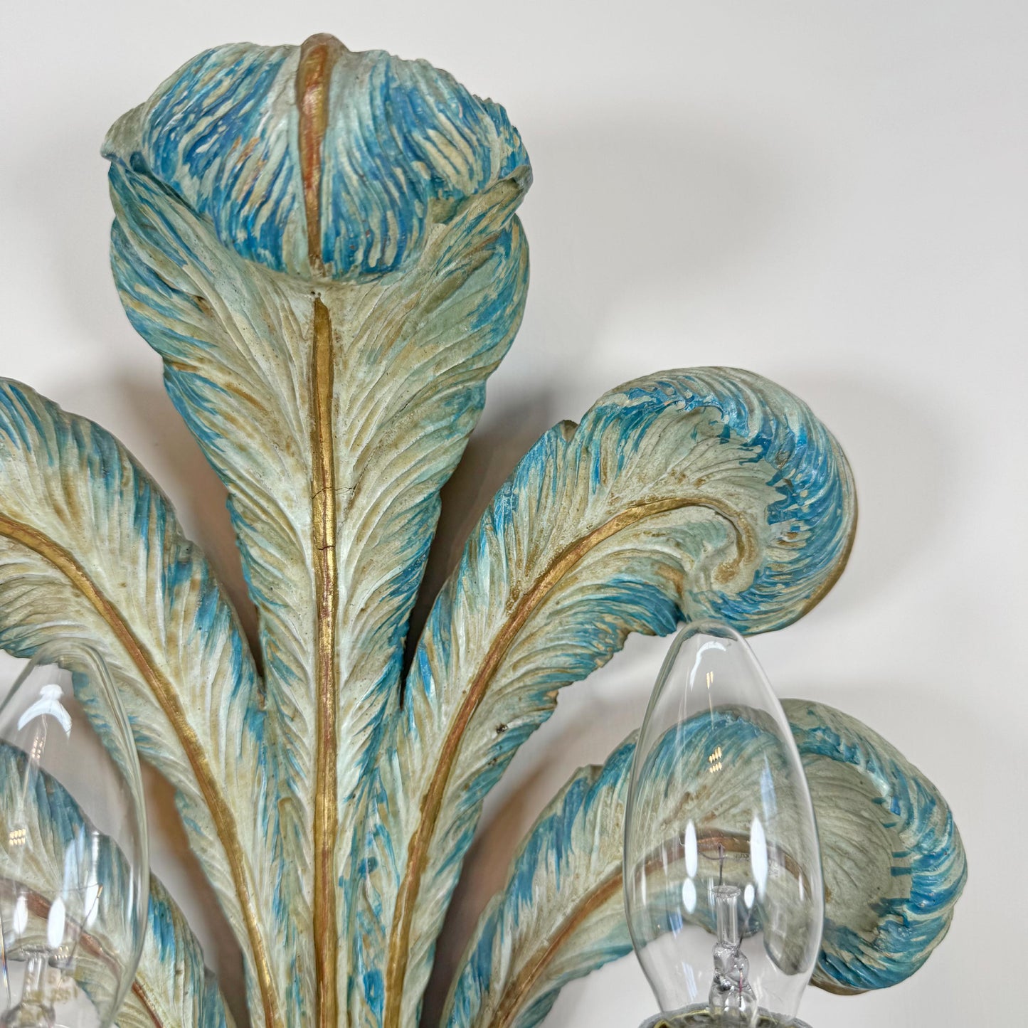 19th Century Italian Blue Polychrome Wooden Ostrich Feather Wall Lights