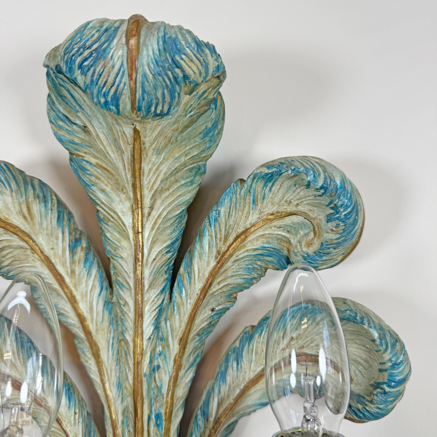 19th Century Italian Blue Polychrome Wooden Ostrich Feather Wall Lights