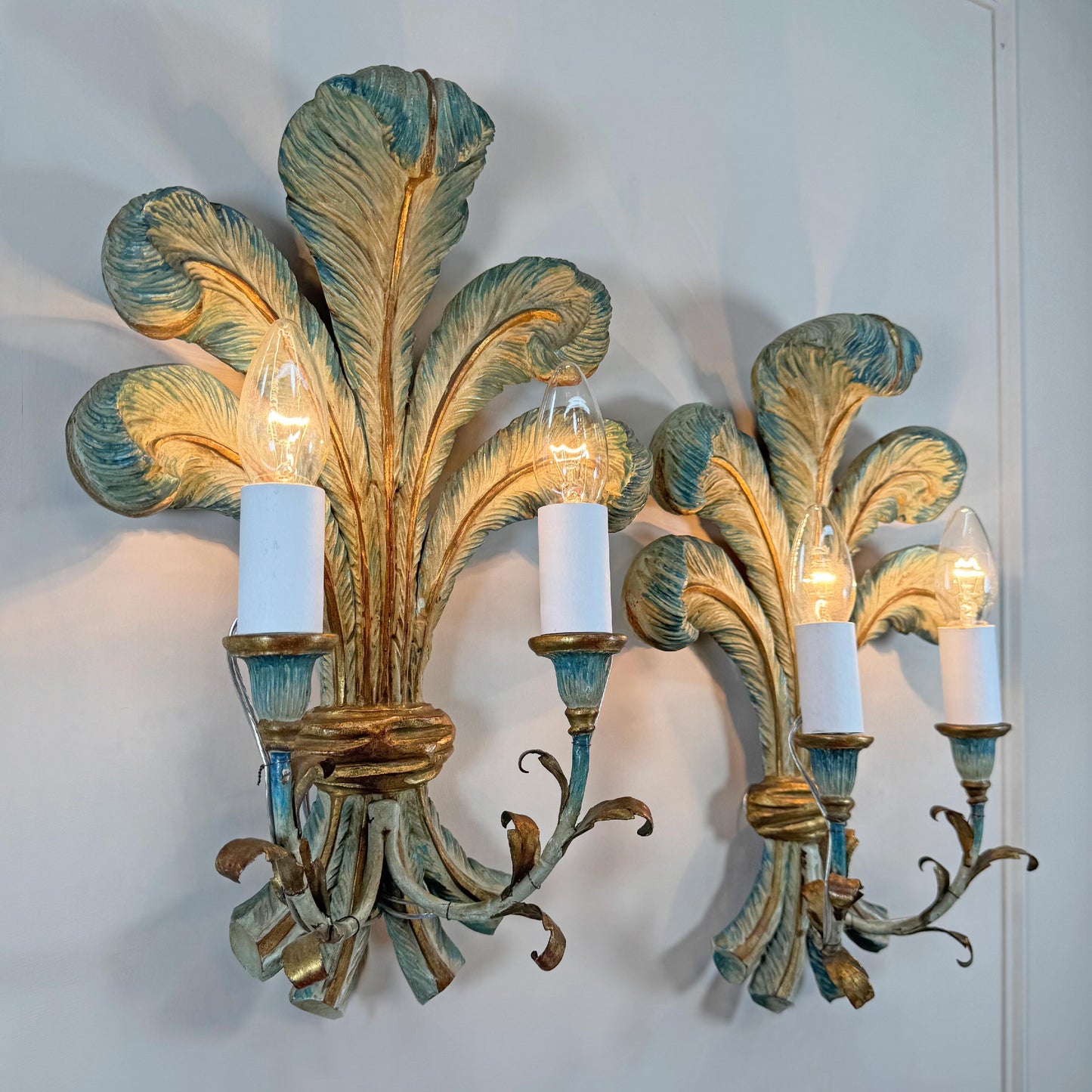 19th Century Italian Blue Polychrome Wooden Ostrich Feather Wall Lights