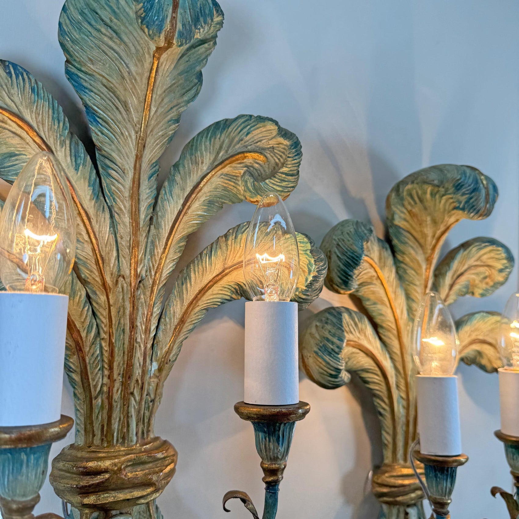 19th Century Italian Blue Polychrome Wooden Ostrich Feather Wall Lights