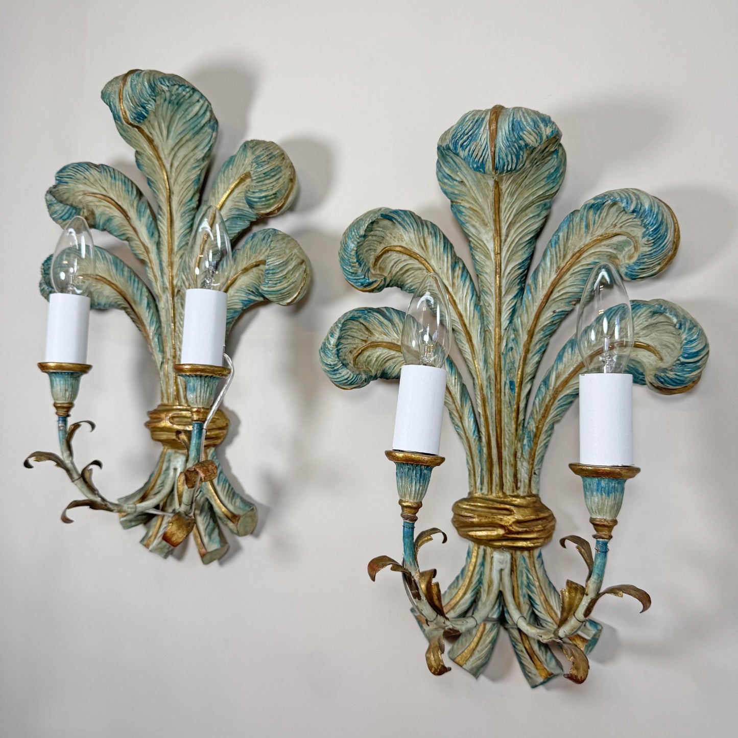 19th Century Italian Blue Polychrome Wooden Ostrich Feather Wall Lights
