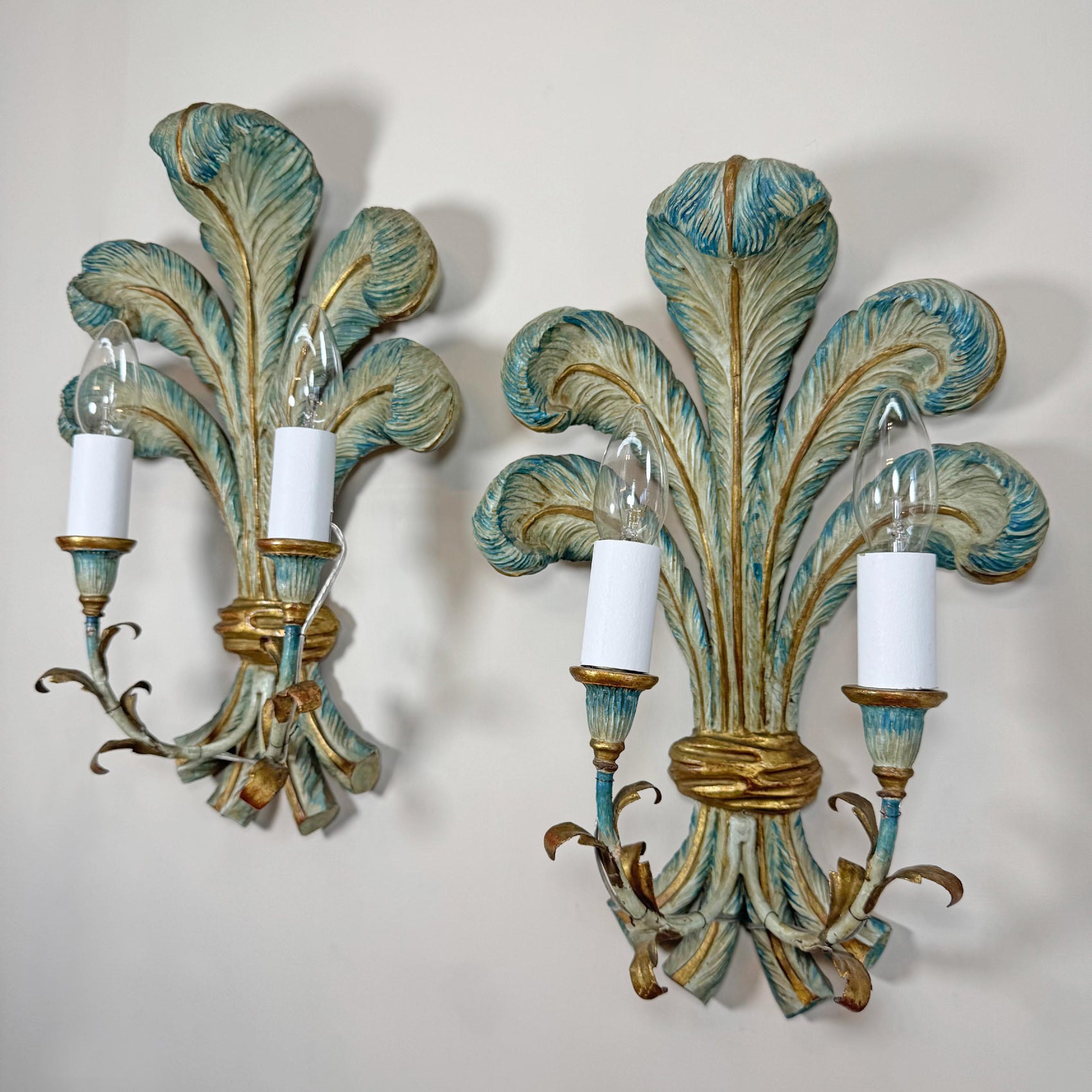 19th Century Italian Blue Polychrome Wooden Ostrich Feather Wall Lights
