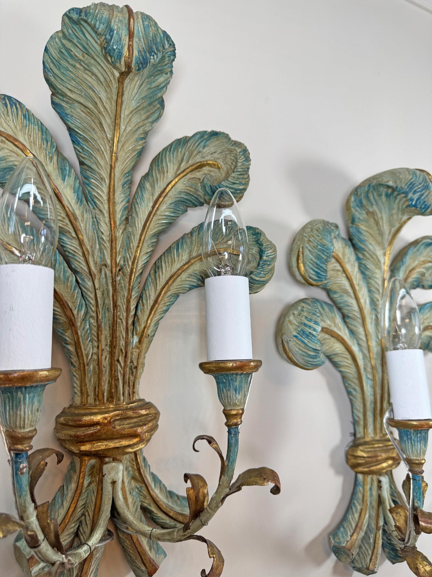 19th Century Italian Blue Polychrome Wooden Ostrich Feather Wall Lights