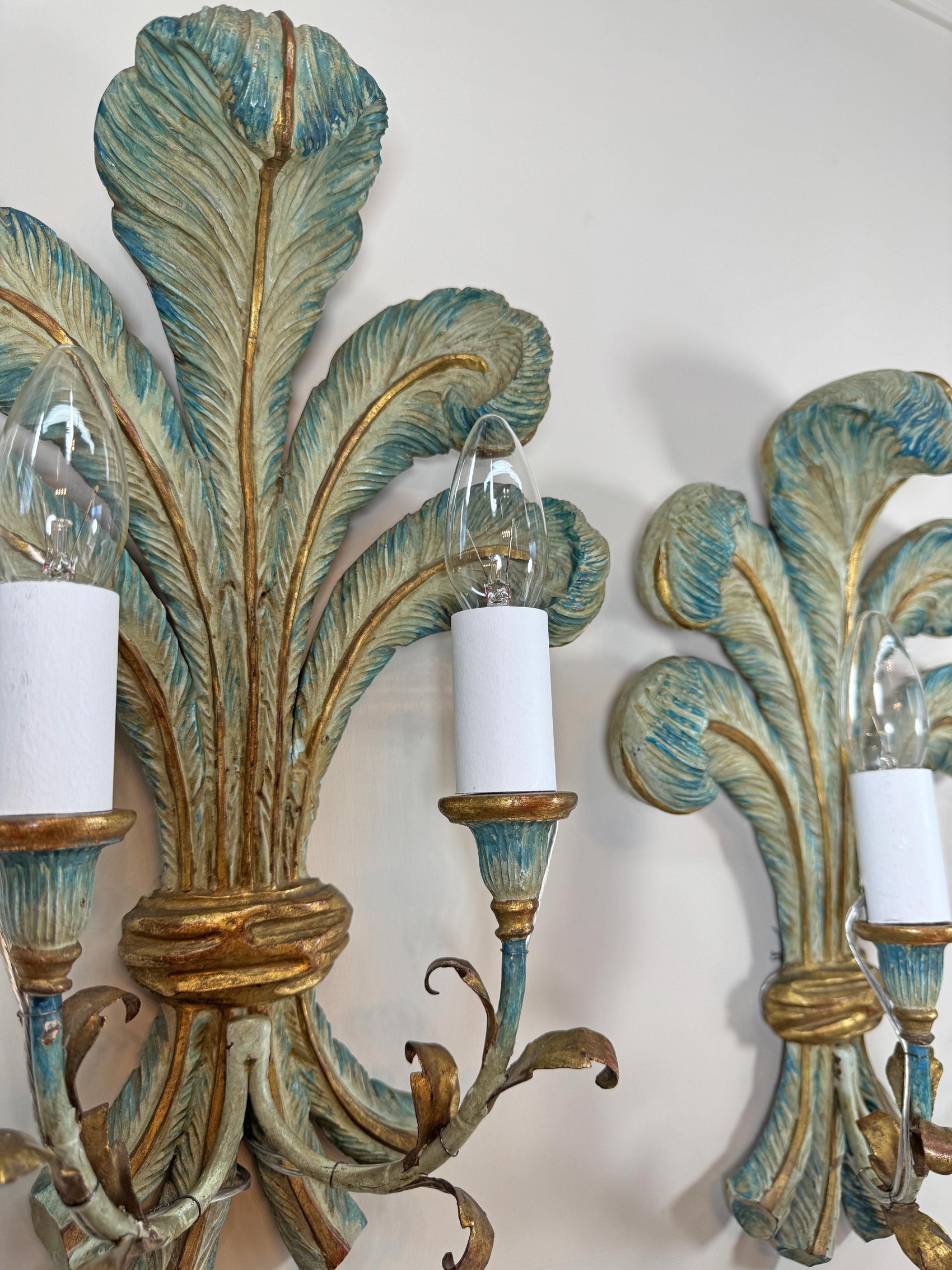 19th Century Italian Blue Polychrome Wooden Ostrich Feather Wall Lights