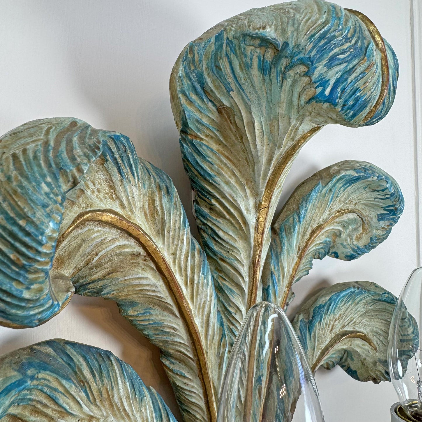 19th Century Italian Blue Polychrome Wooden Ostrich Feather Wall Lights