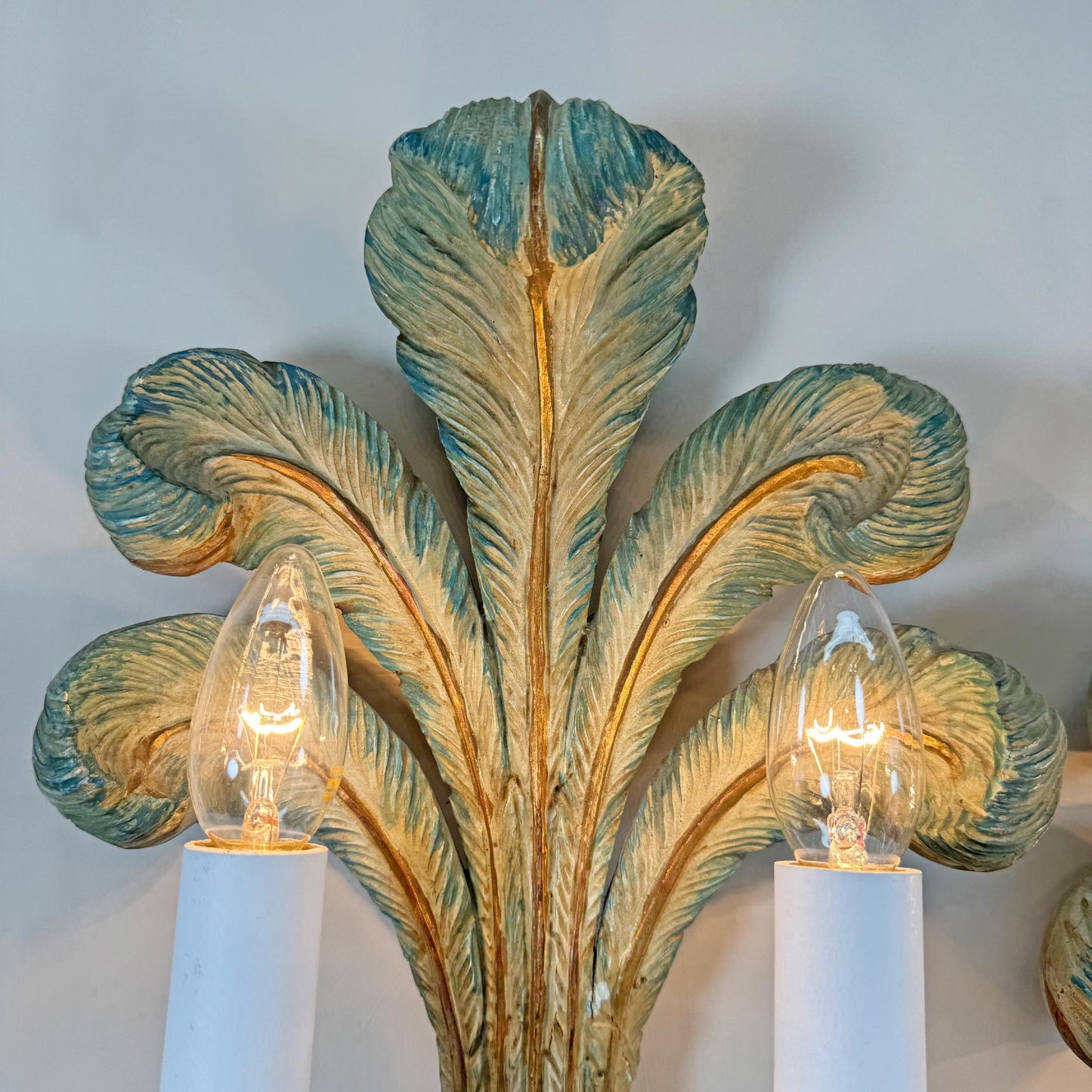 19th Century Italian Blue Polychrome Wooden Ostrich Feather Wall Lights