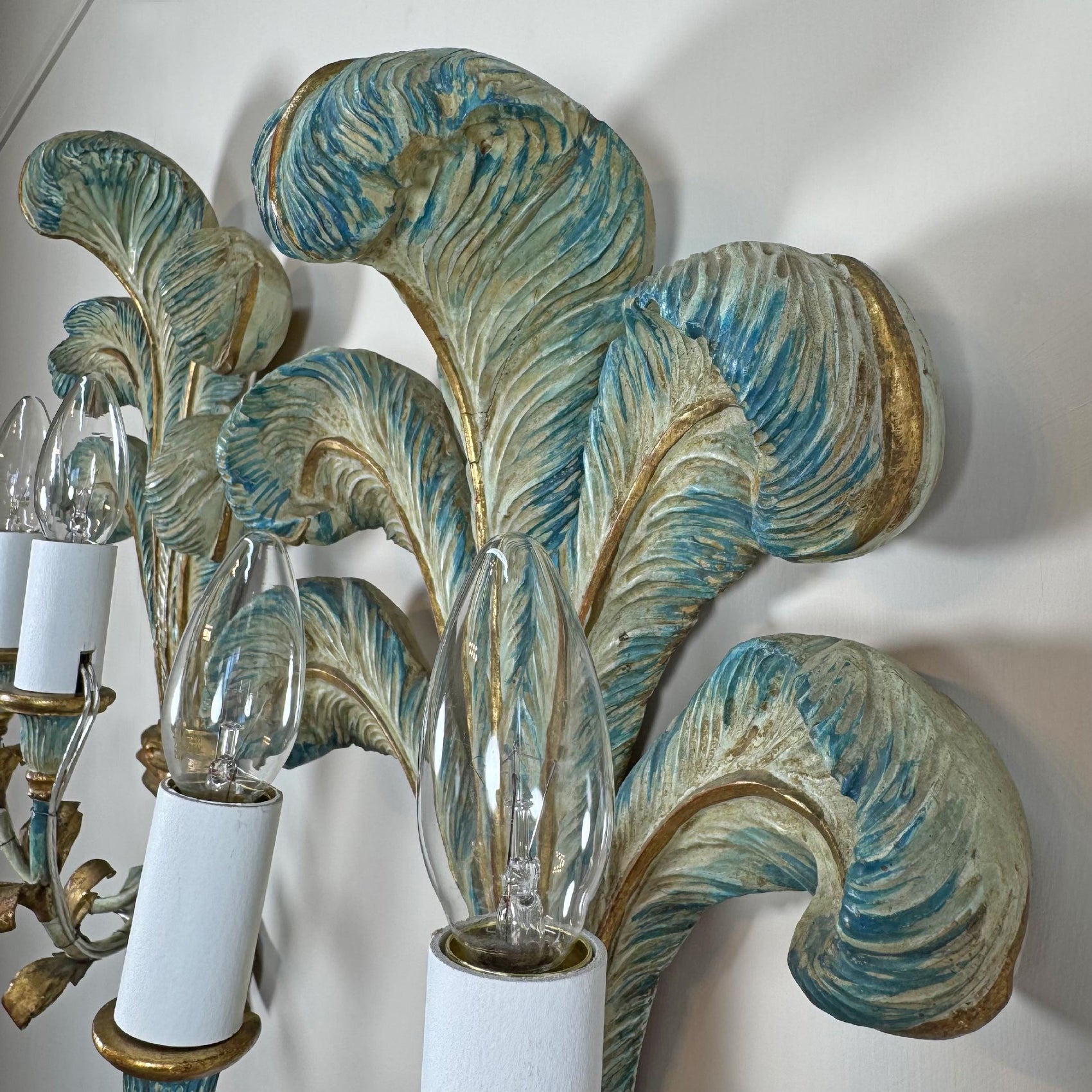 19th Century Italian Blue Polychrome Wooden Ostrich Feather Wall Lights