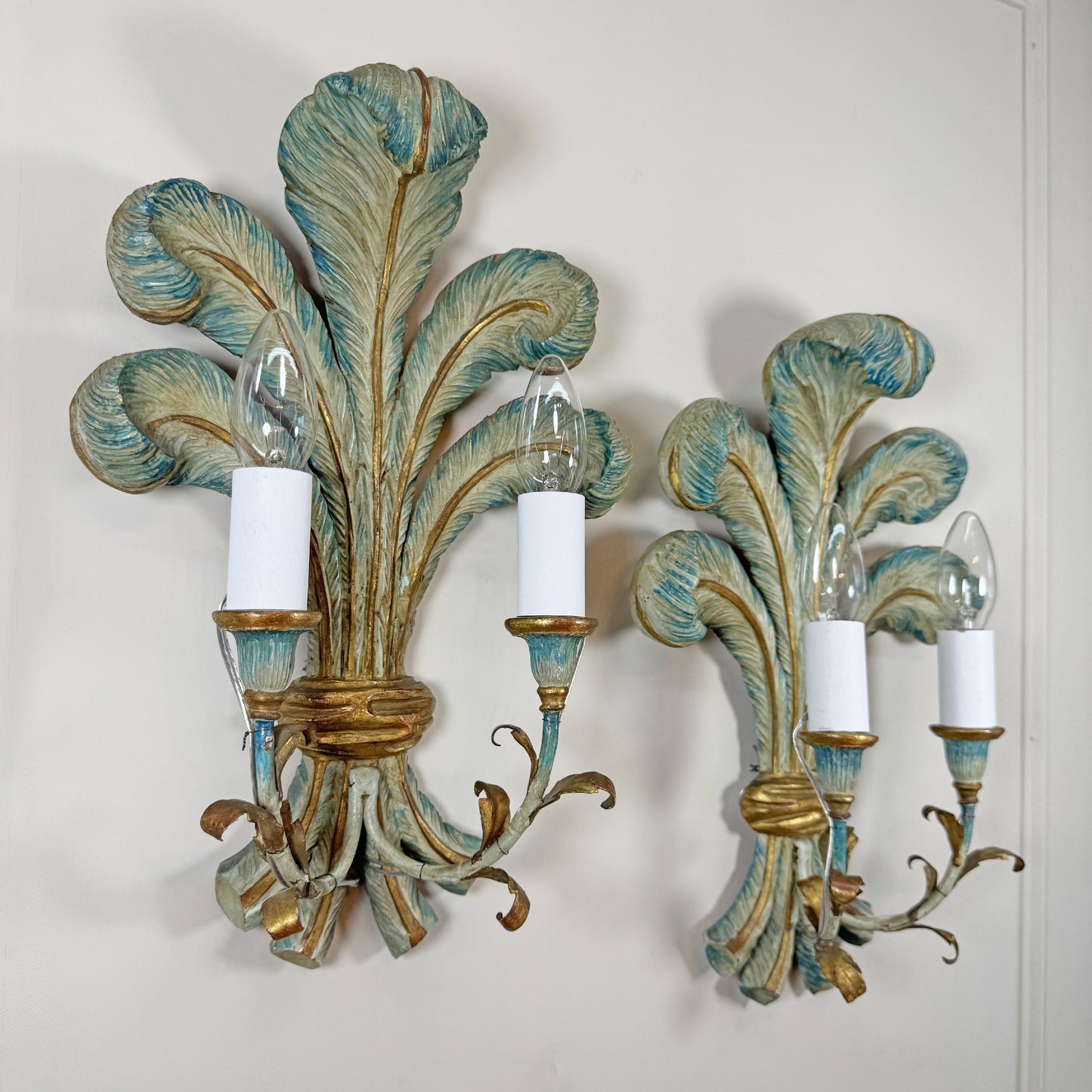 19th Century Italian Blue Polychrome Wooden Ostrich Feather Wall Lights