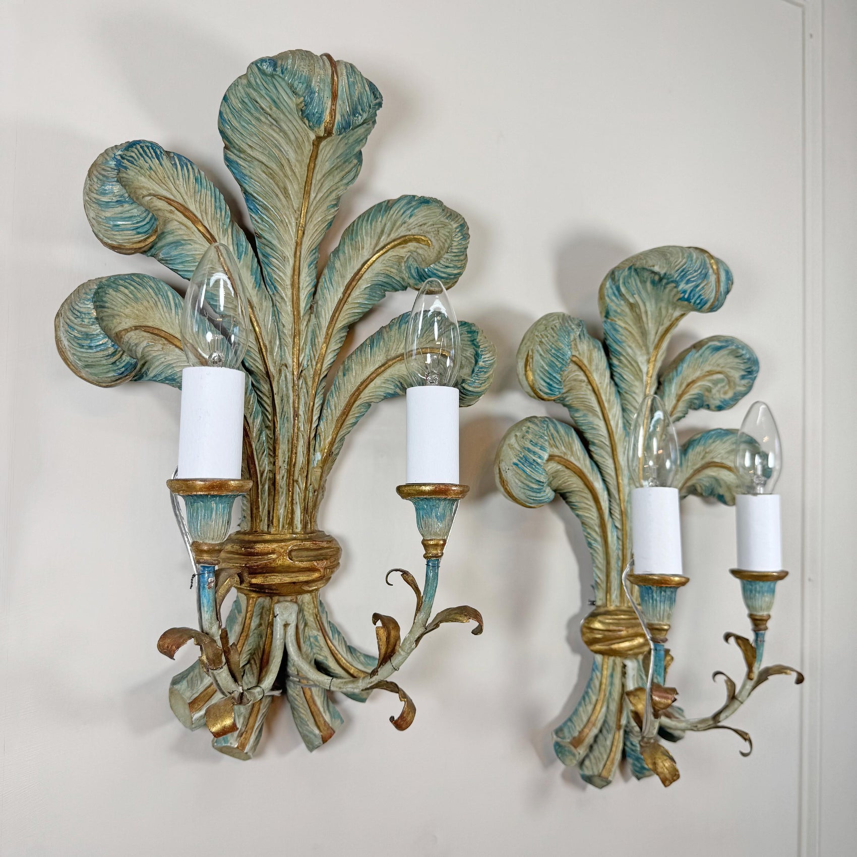 19th Century Italian Blue Polychrome Wooden Ostrich Feather Wall Lights
