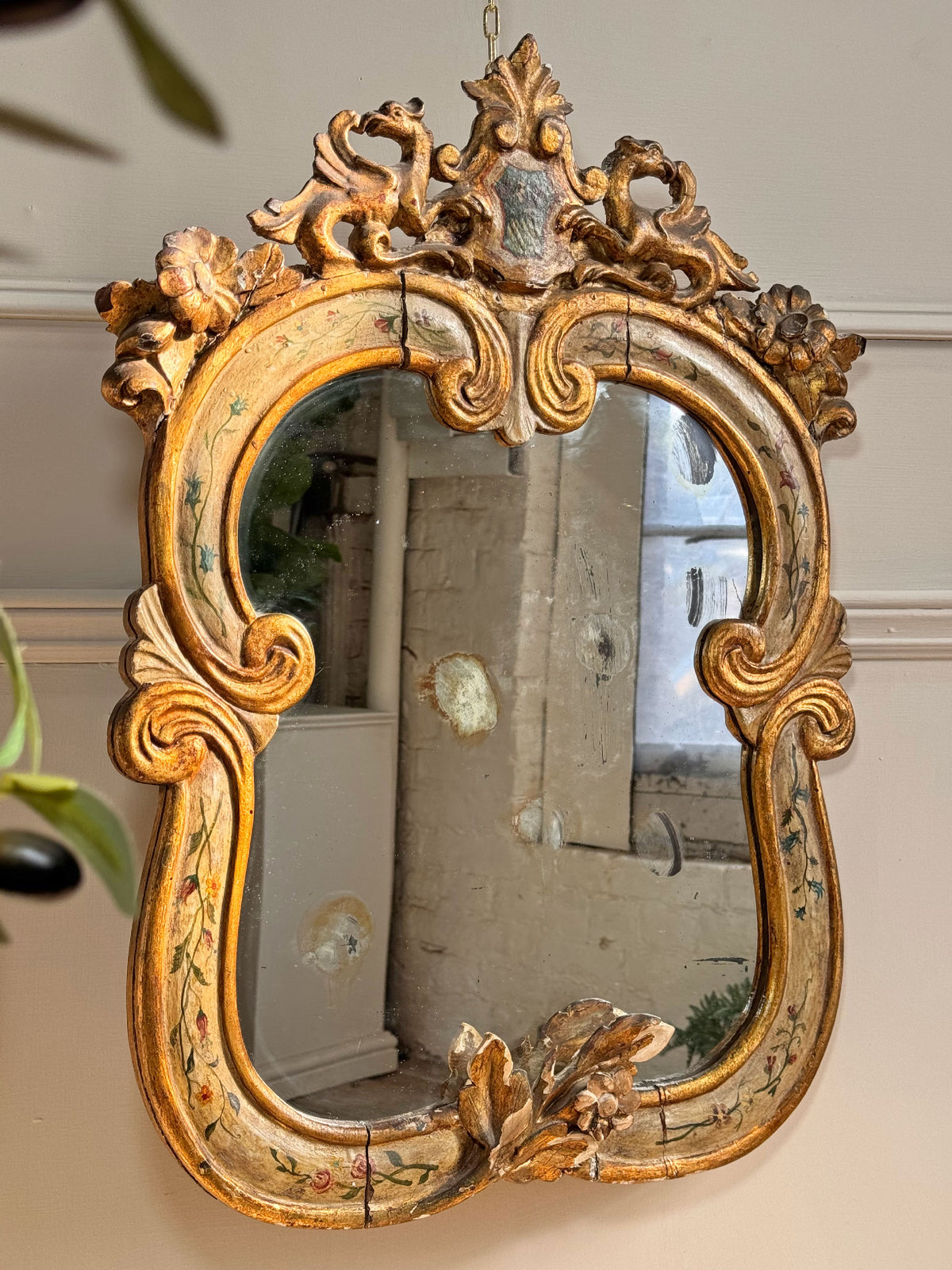18th Century Venetian Giltwood and Polychrome Arte Povera Lacquered Wall Mirror
