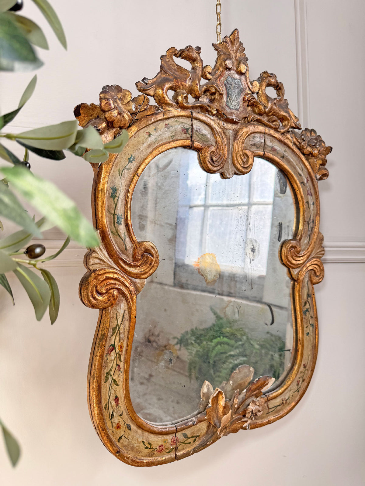 18th Century Venetian Giltwood and Polychrome Arte Povera Lacquered Wall Mirror