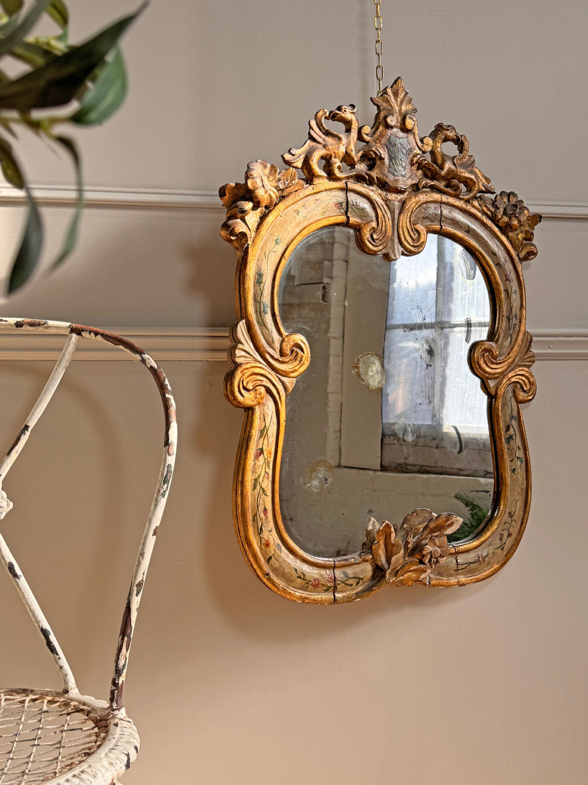 18th Century Venetian Giltwood and Polychrome Arte Povera Lacquered Wall Mirror