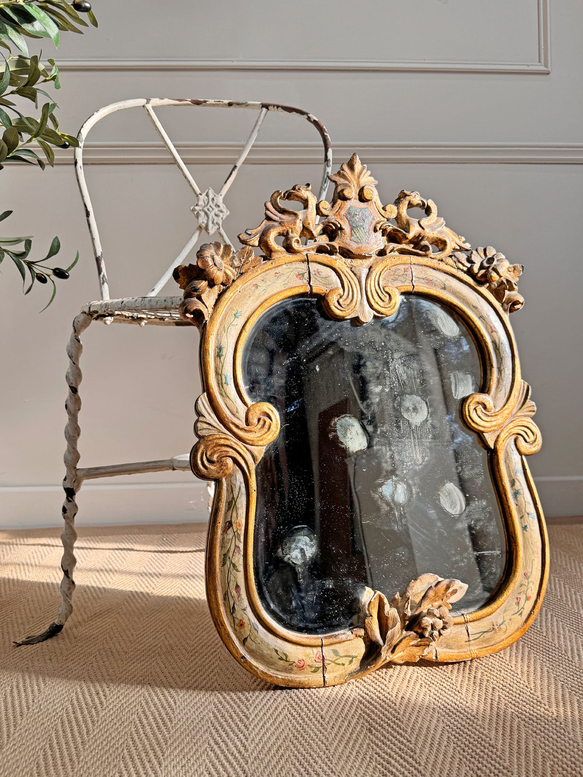 18th Century Venetian Giltwood and Polychrome Arte Povera Lacquered Wall Mirror