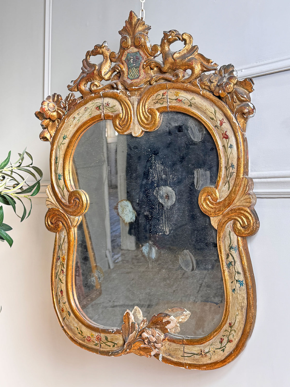 18th Century Venetian Giltwood and Polychrome Arte Povera Lacquered Wall Mirror