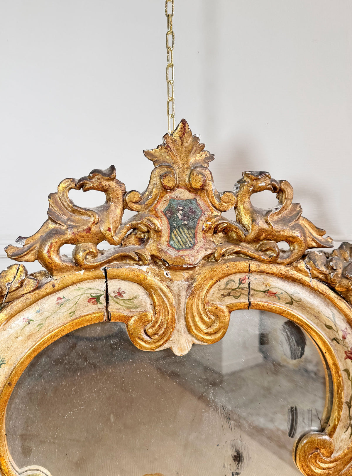 18th Century Venetian Giltwood and Polychrome Arte Povera Lacquered Wall Mirror