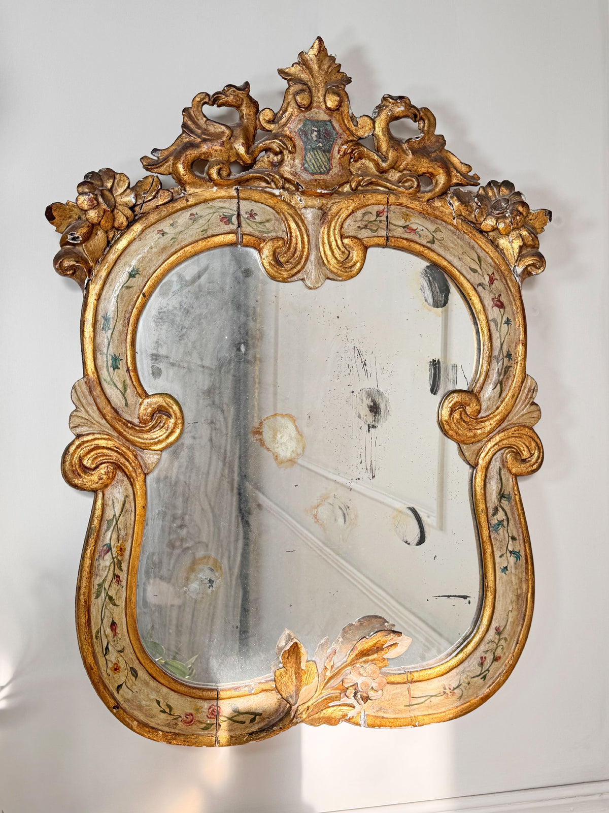 18th Century Venetian Giltwood and Polychrome Arte Povera Lacquered Wall Mirror