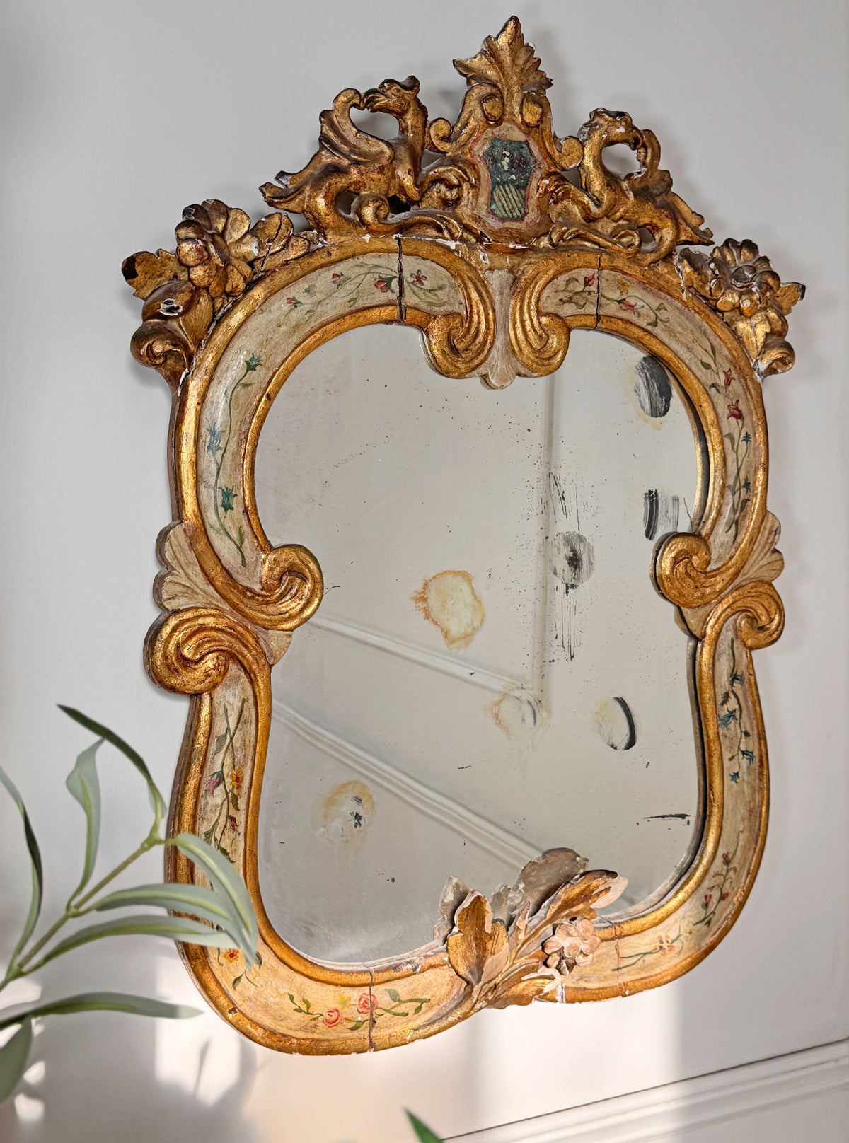 18th Century Venetian Giltwood and Polychrome Arte Povera Lacquered Wall Mirror