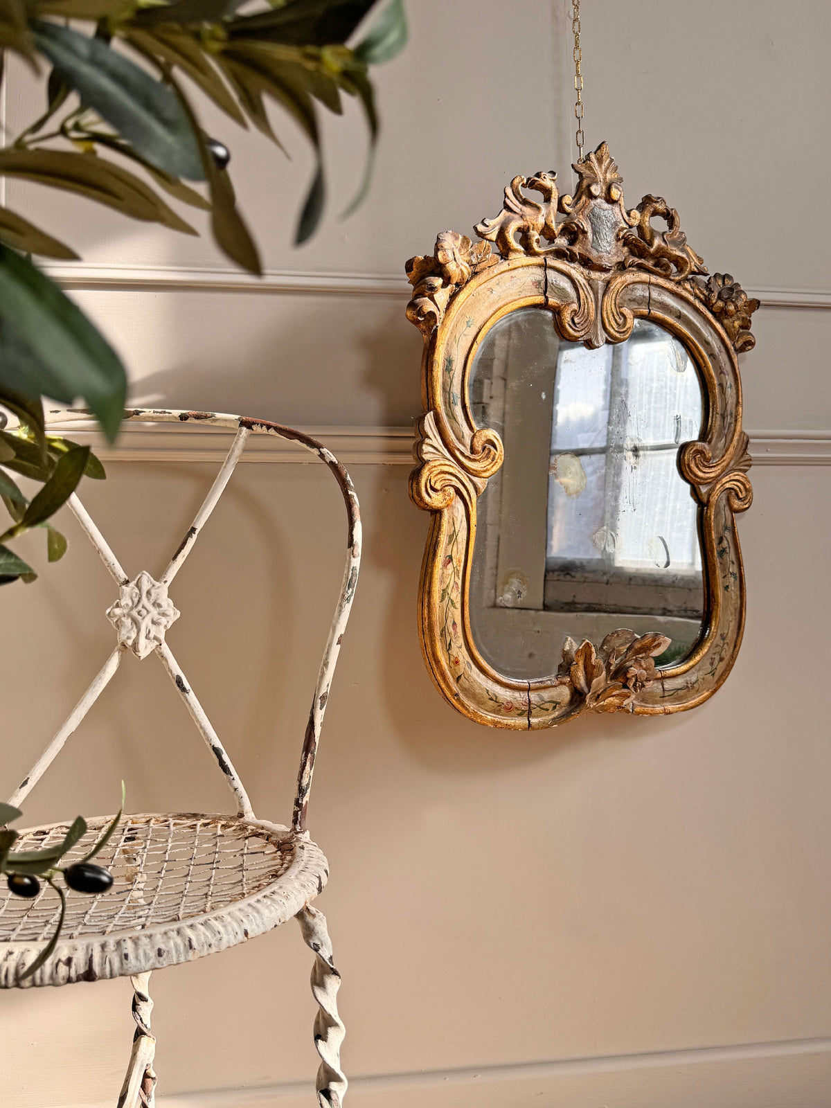 18th Century Venetian Giltwood and Polychrome Arte Povera Lacquered Wall Mirror