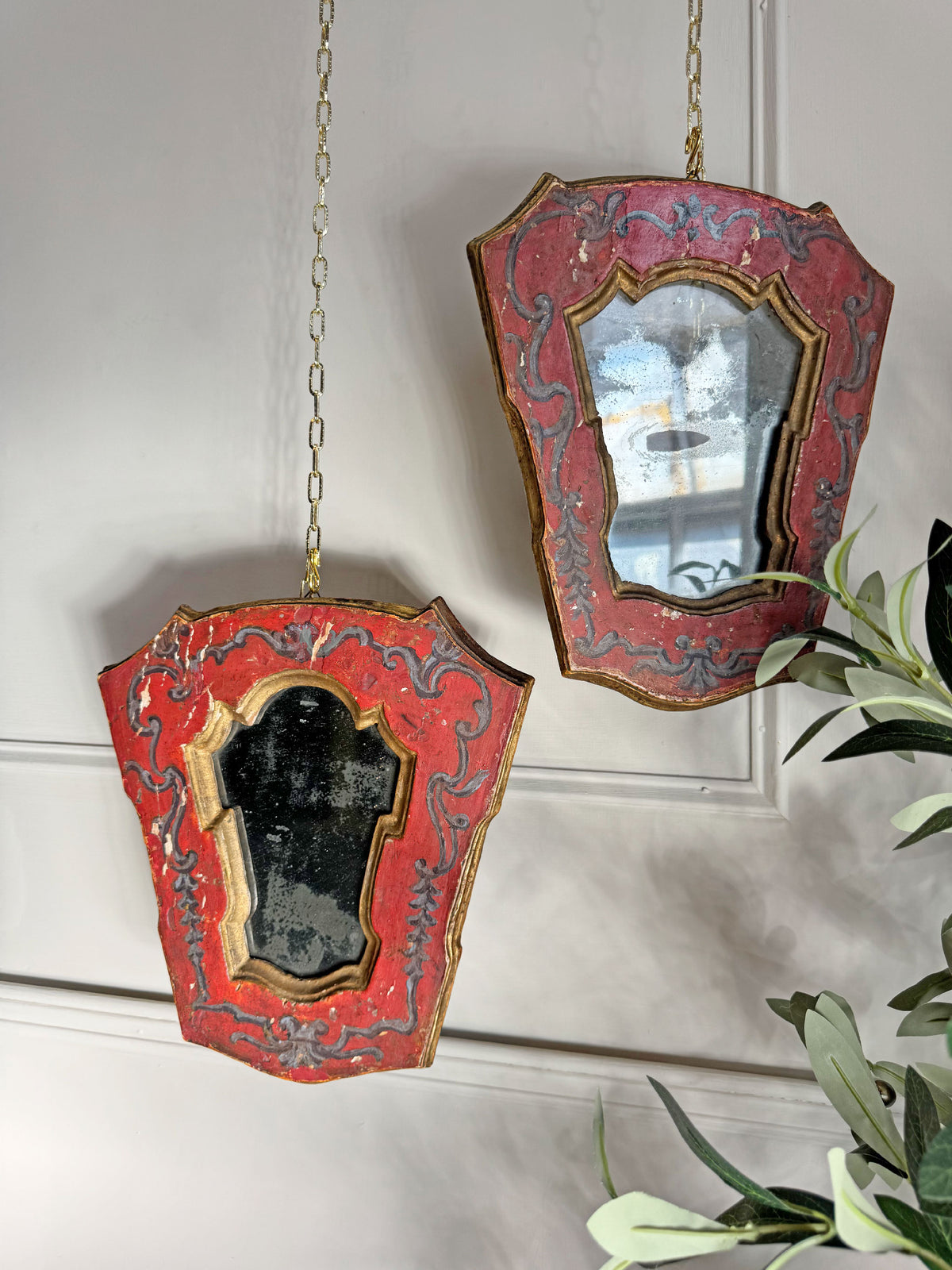 A Pair of Beautiful Hand Painted Italian Red Baroque Wall Mirrors