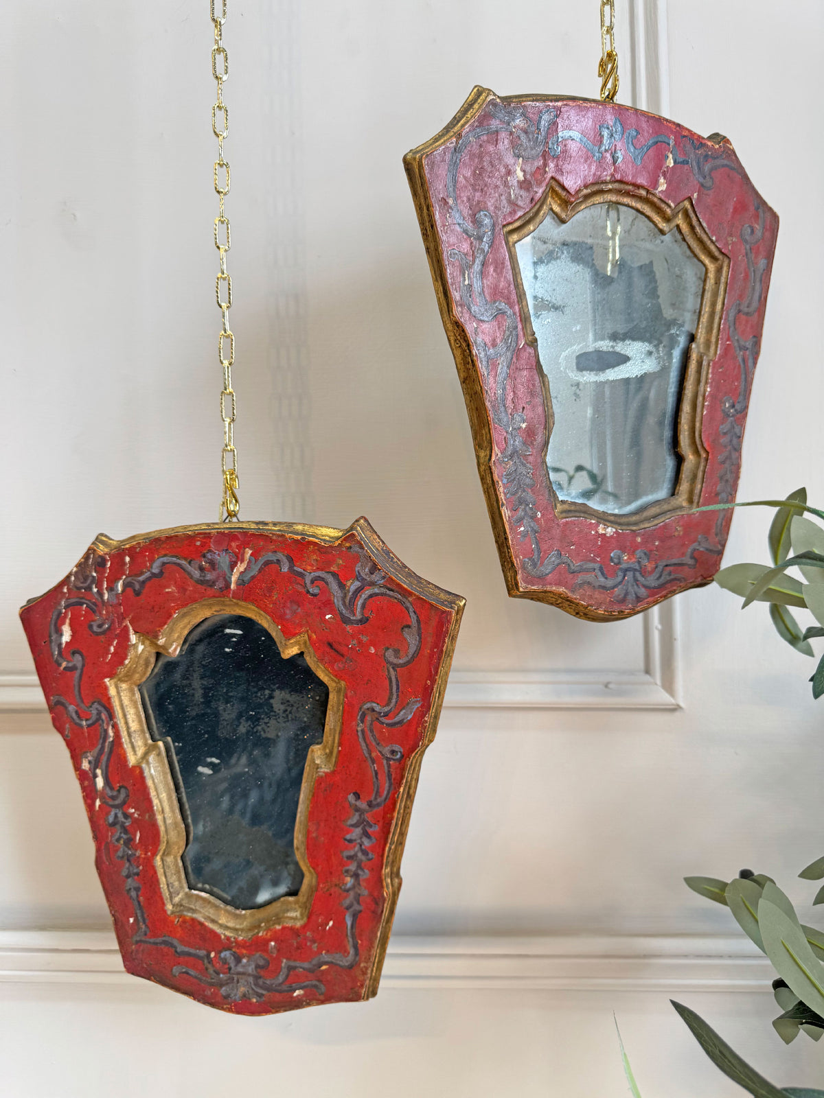 A Pair of Beautiful Hand Painted Italian Red Baroque Wall Mirrors