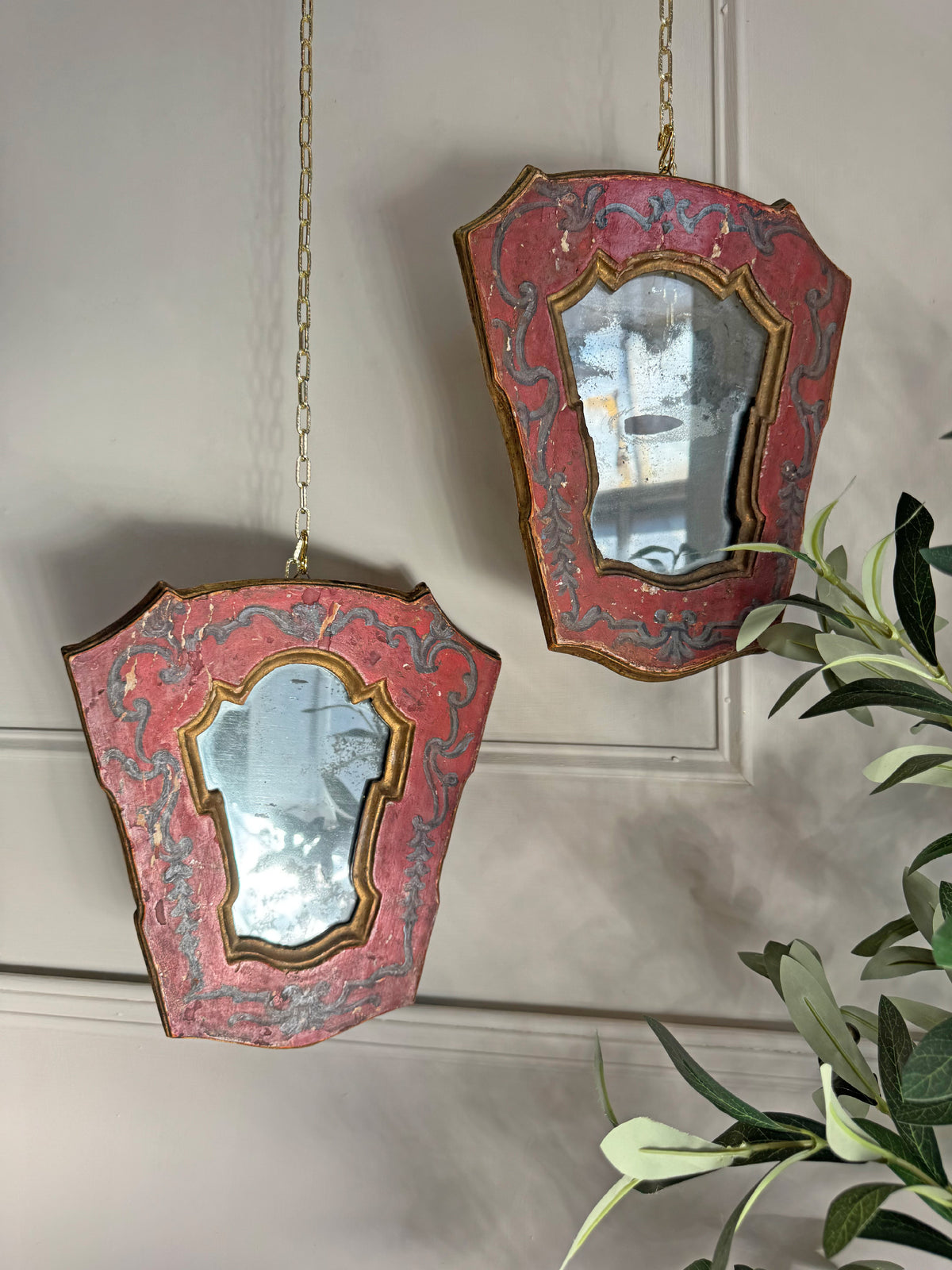 A Pair of Beautiful Hand Painted Italian Red Baroque Wall Mirrors