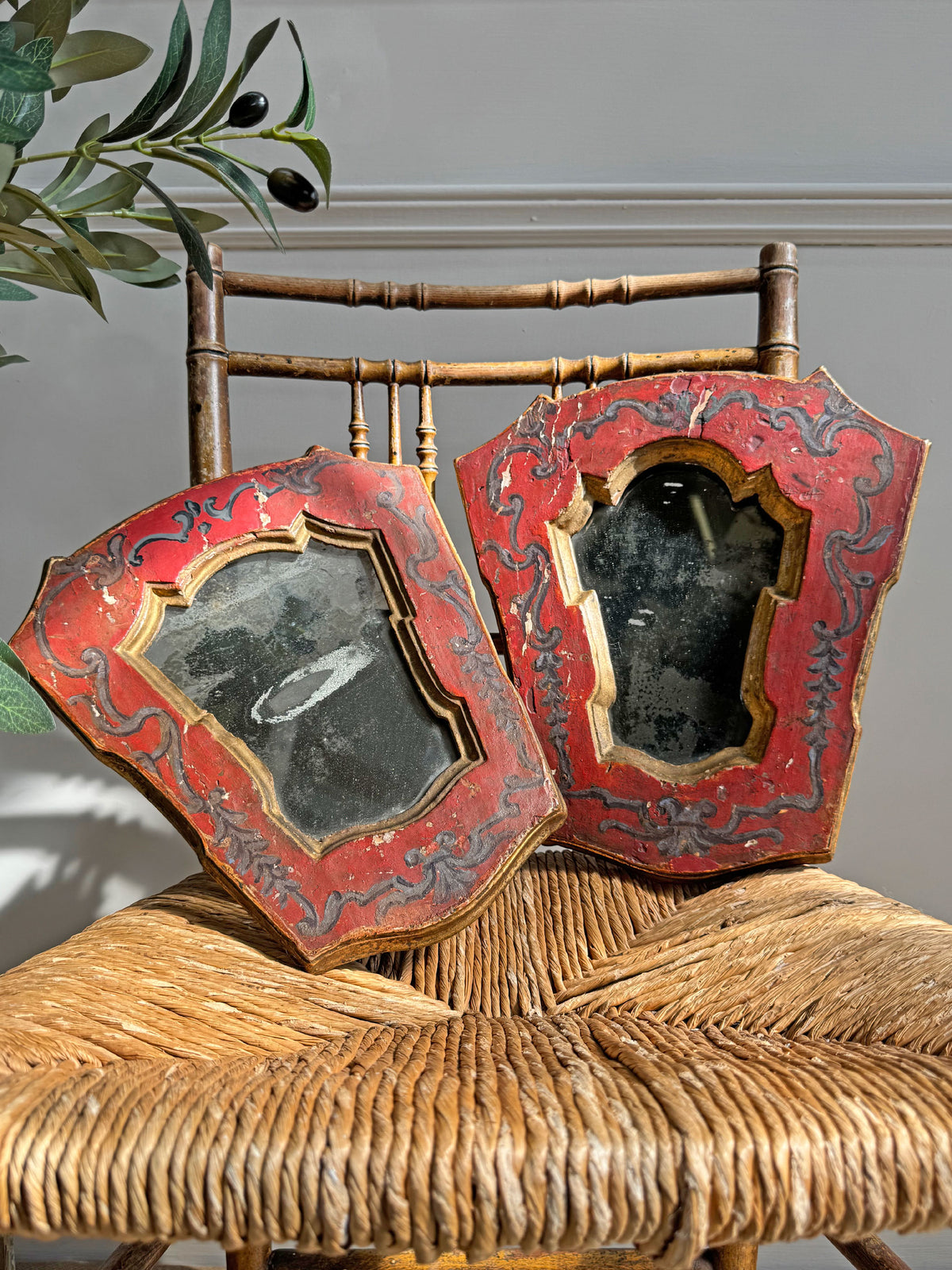 A Pair of Beautiful Hand Painted Italian Red Baroque Wall Mirrors