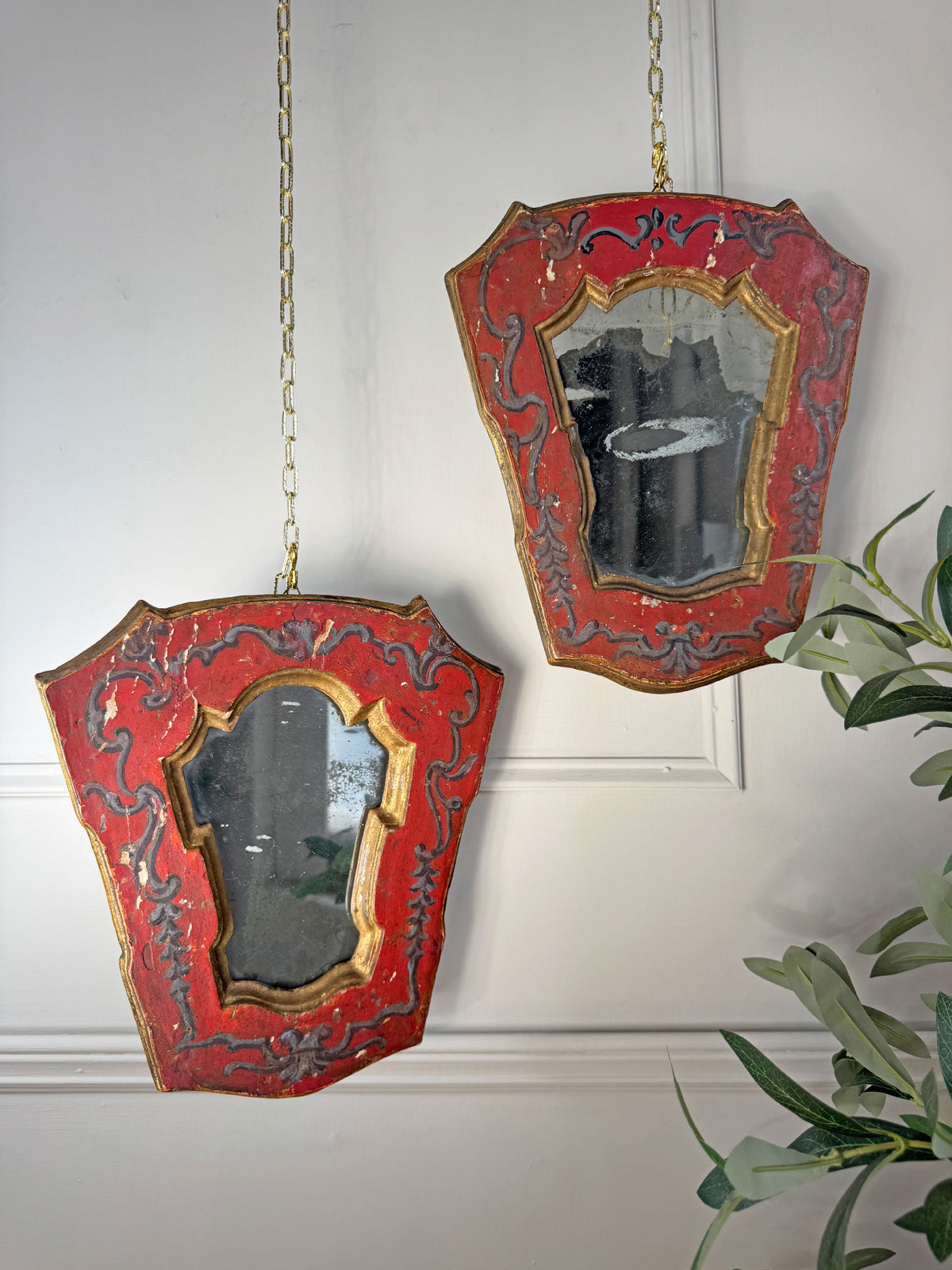 A Pair of Beautiful Hand Painted Italian Red Baroque Wall Mirrors