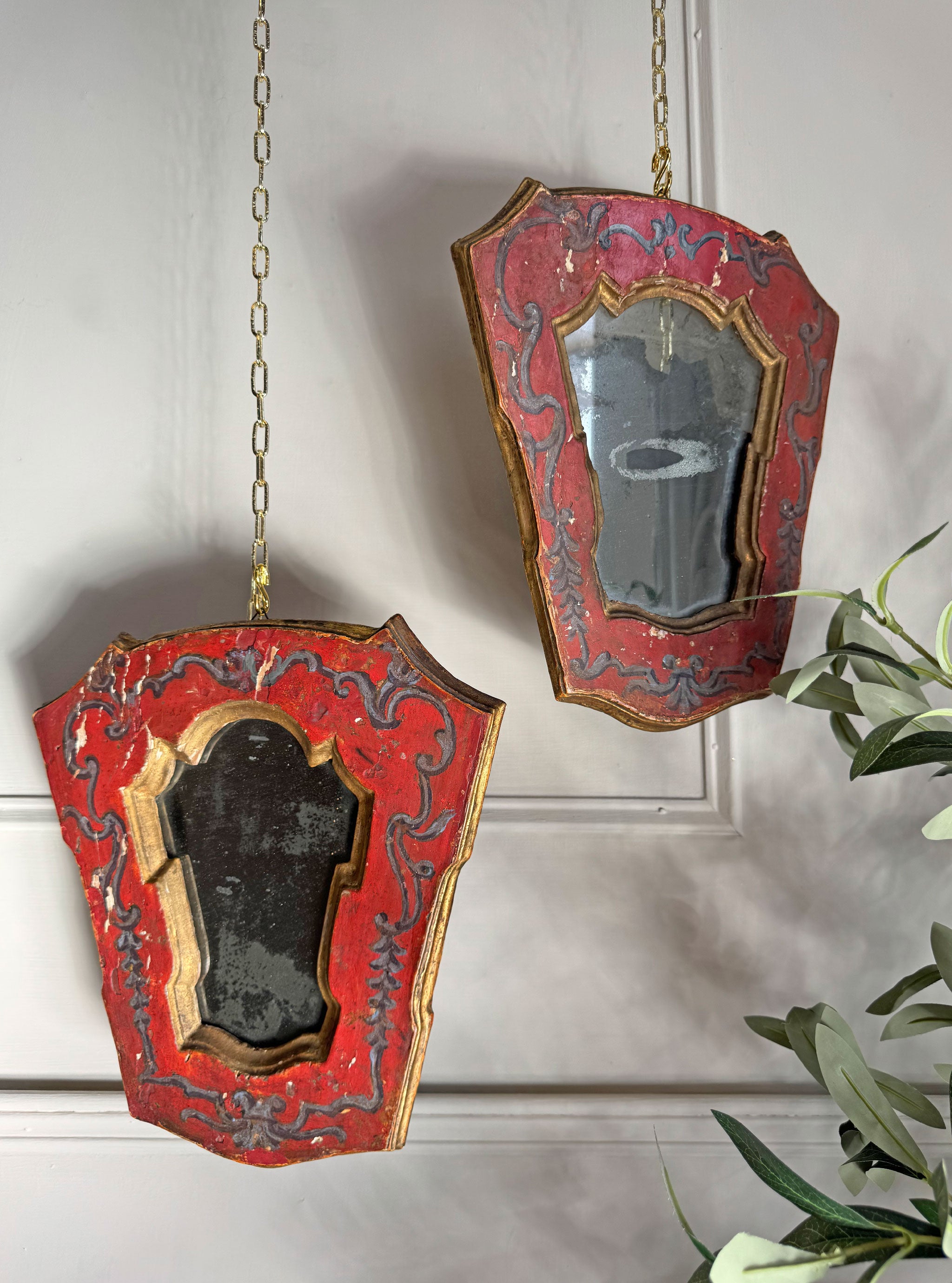 A Pair of Beautiful Hand Painted Italian Red Baroque Wall Mirrors