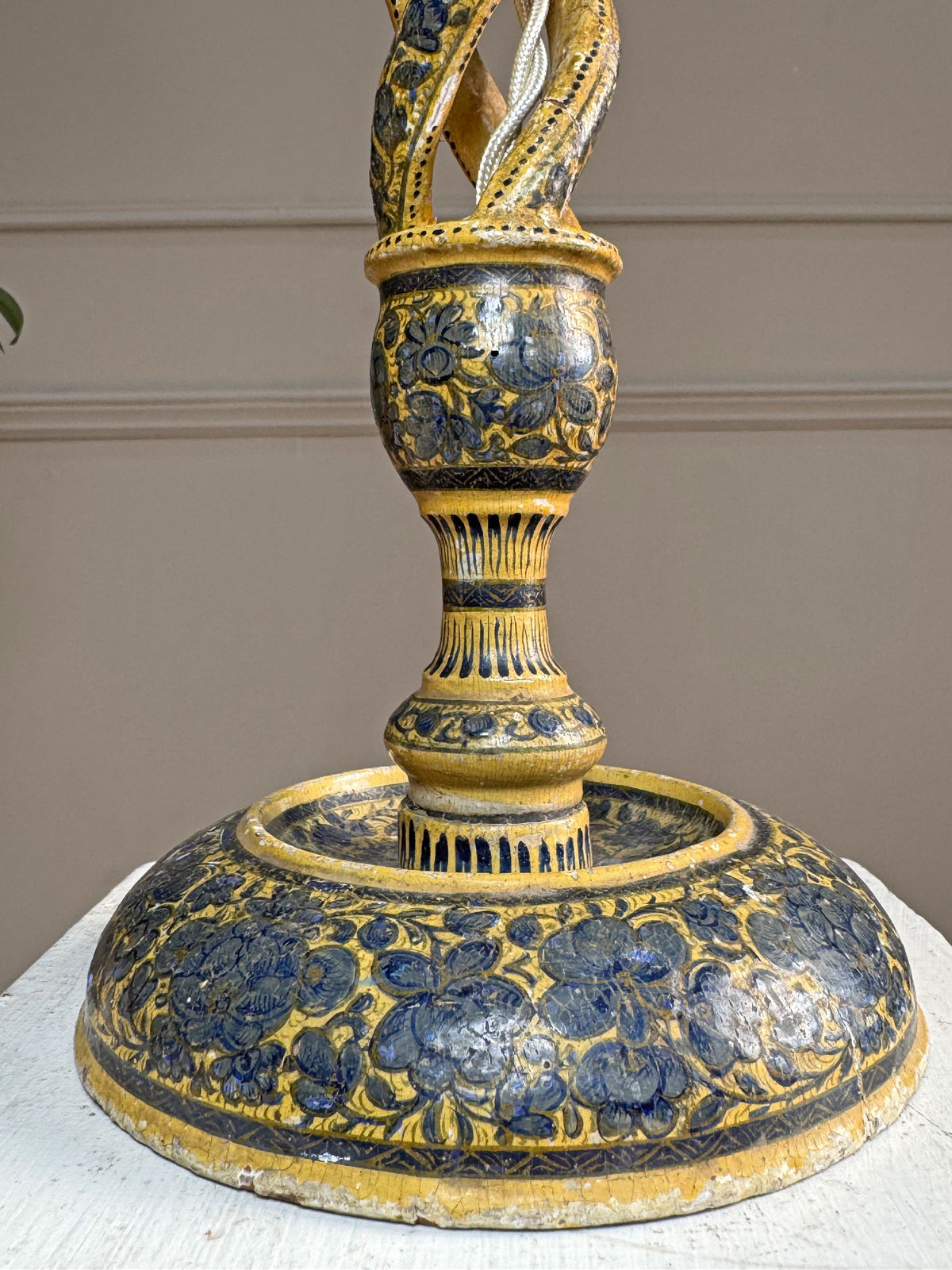 19th Century Blue and White Barley Twist Kashmiri Table Lamp
