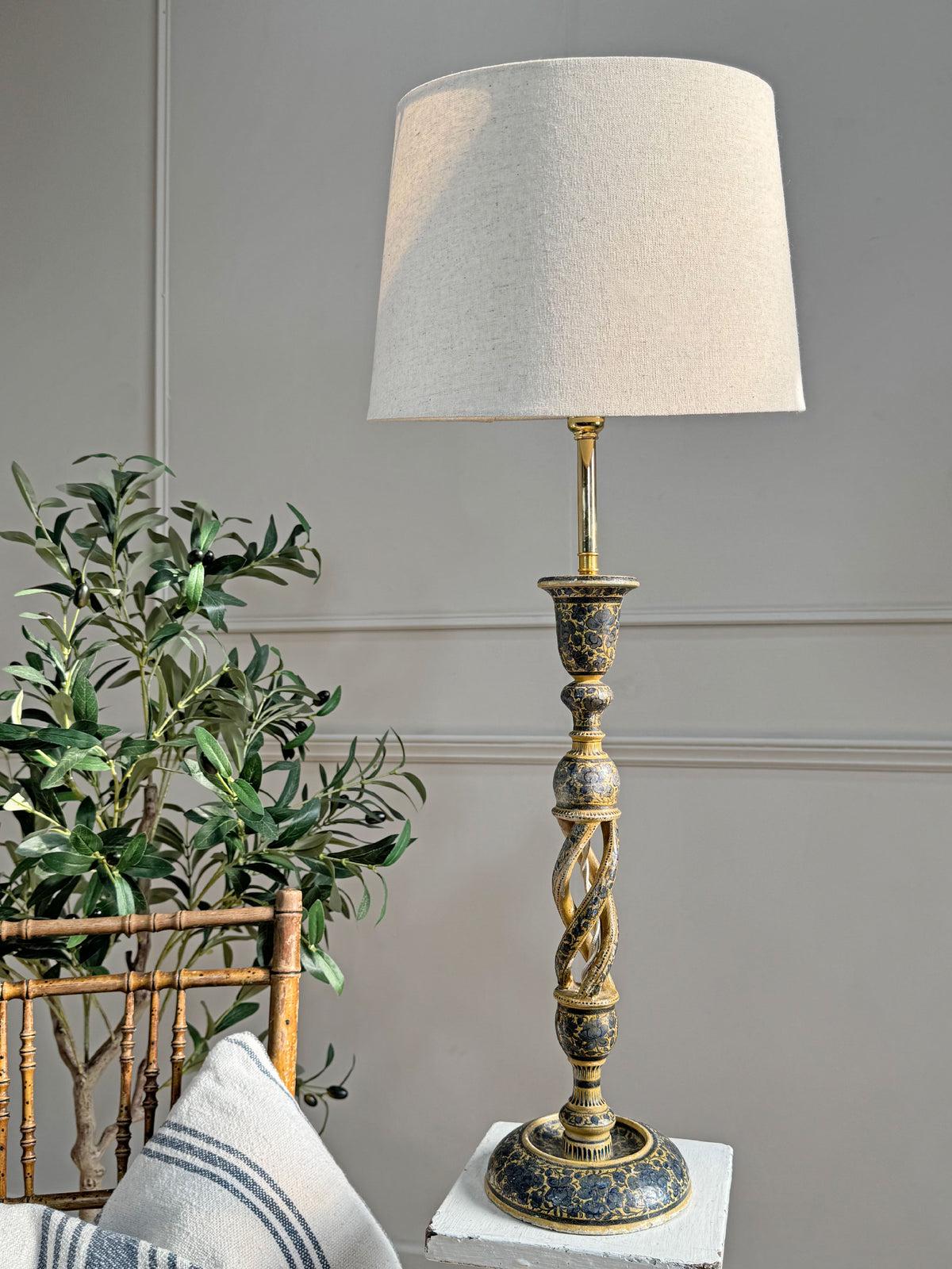 19th Century Blue and White Barley Twist Kashmiri Table Lamp