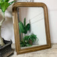 A large antique Louis Philippe rectangular mirror with a distressed gold frame, leaning against a white wall on a stone floor. The mirror reflects green potted plants, and a large green plant in a dark planter is visible on the left.