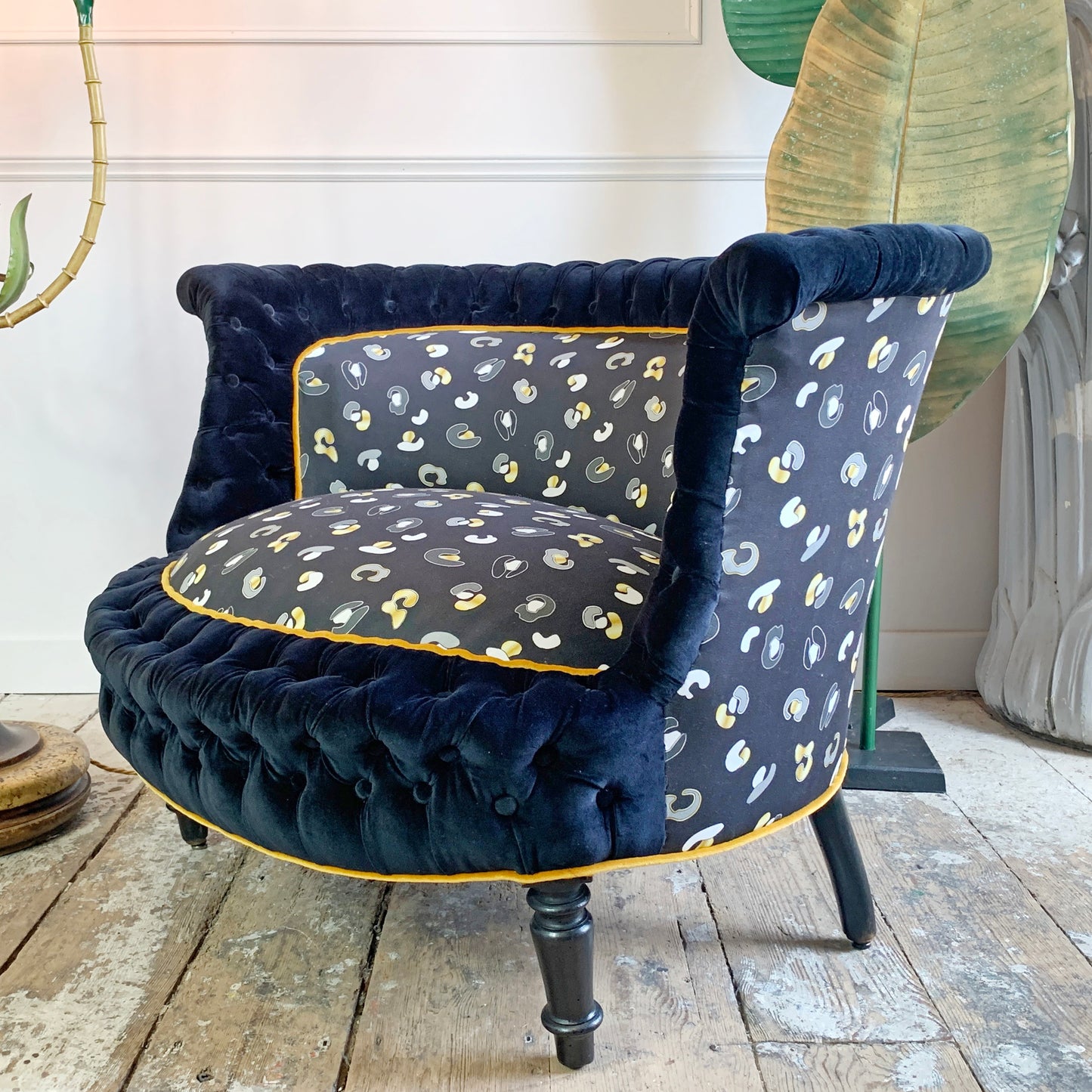 Antique French Napoleon III Marquise Chair in Tropics "Leopard' Fabric