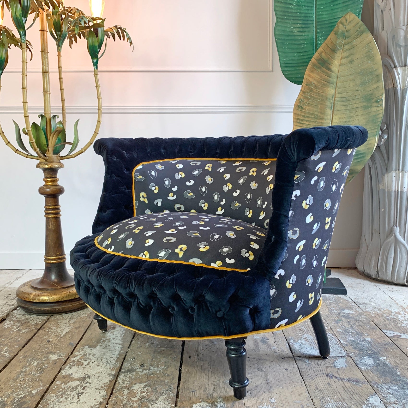 Antique French Napoleon III Marquise Chair in Tropics "Leopard' Fabric