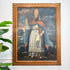 18th Century Cuzco School Oil Painting on Canvas Pope Gregory XIII in white and blue robes, holding a staff, displayed on a white wall with a green plant leaf visible at the left edge.