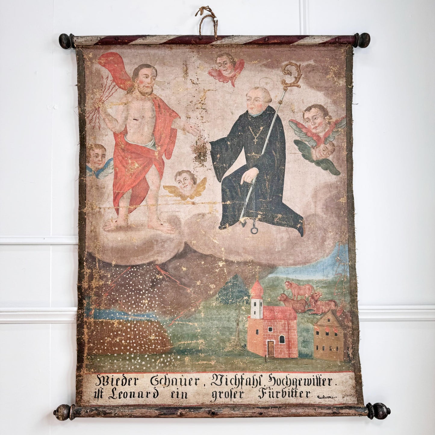 17th Century Wall Hanging oil on canvas of St Leonard of Noblac
