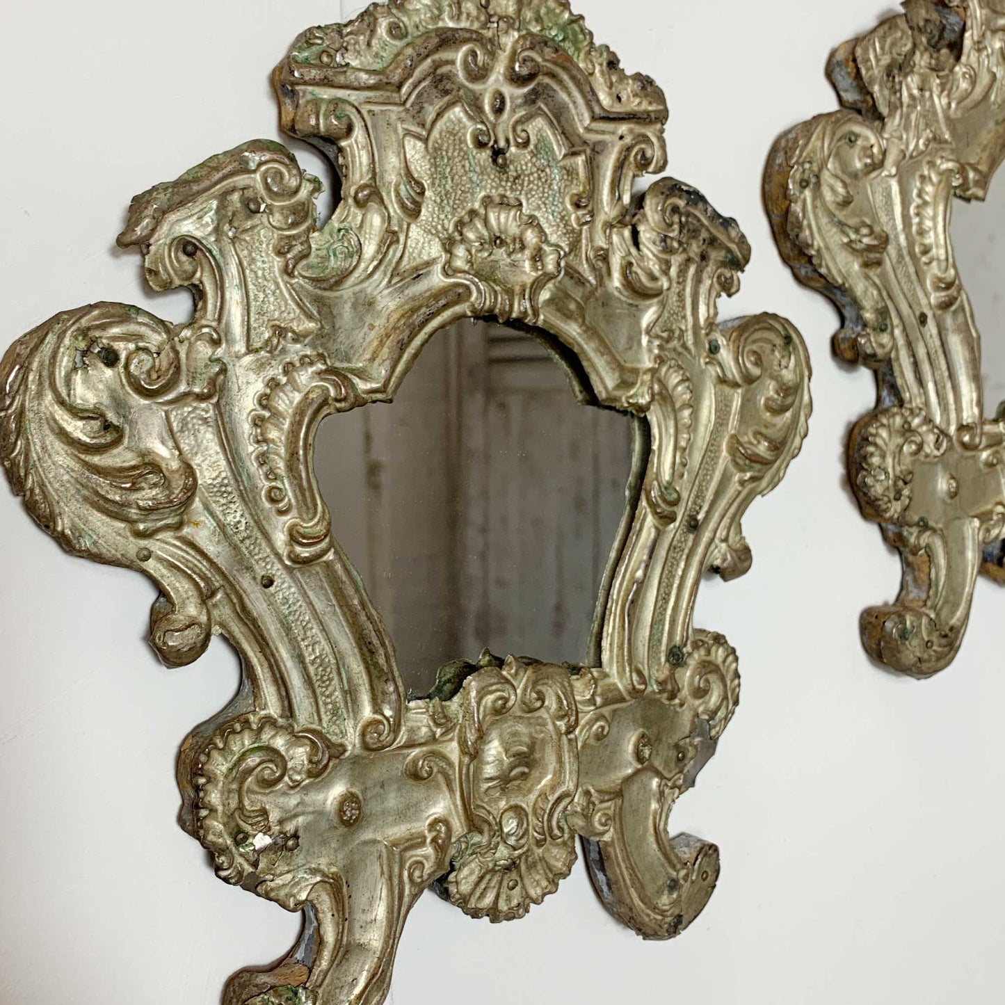 Pair Of European 18th C Silver Plated Baroque Mirrors