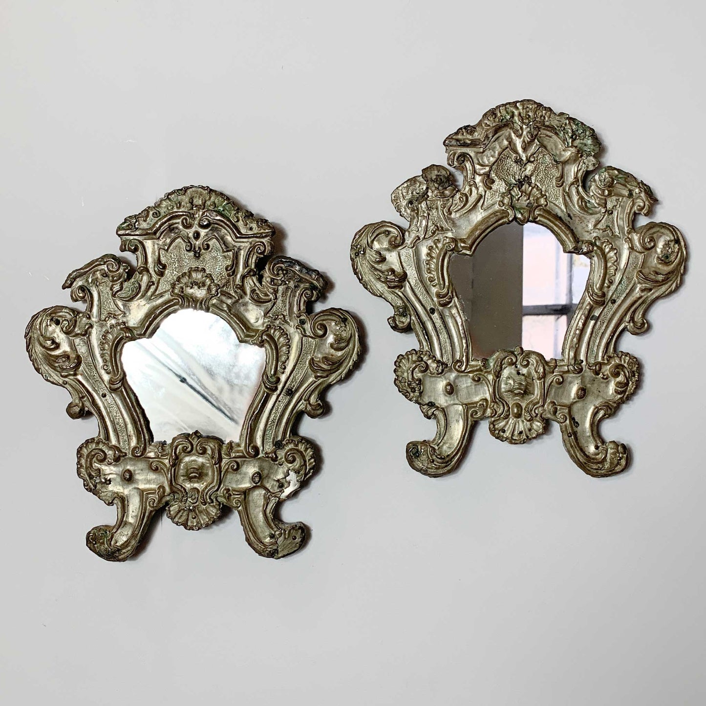 Pair Of European 18th C Silver Plated Baroque Mirrors