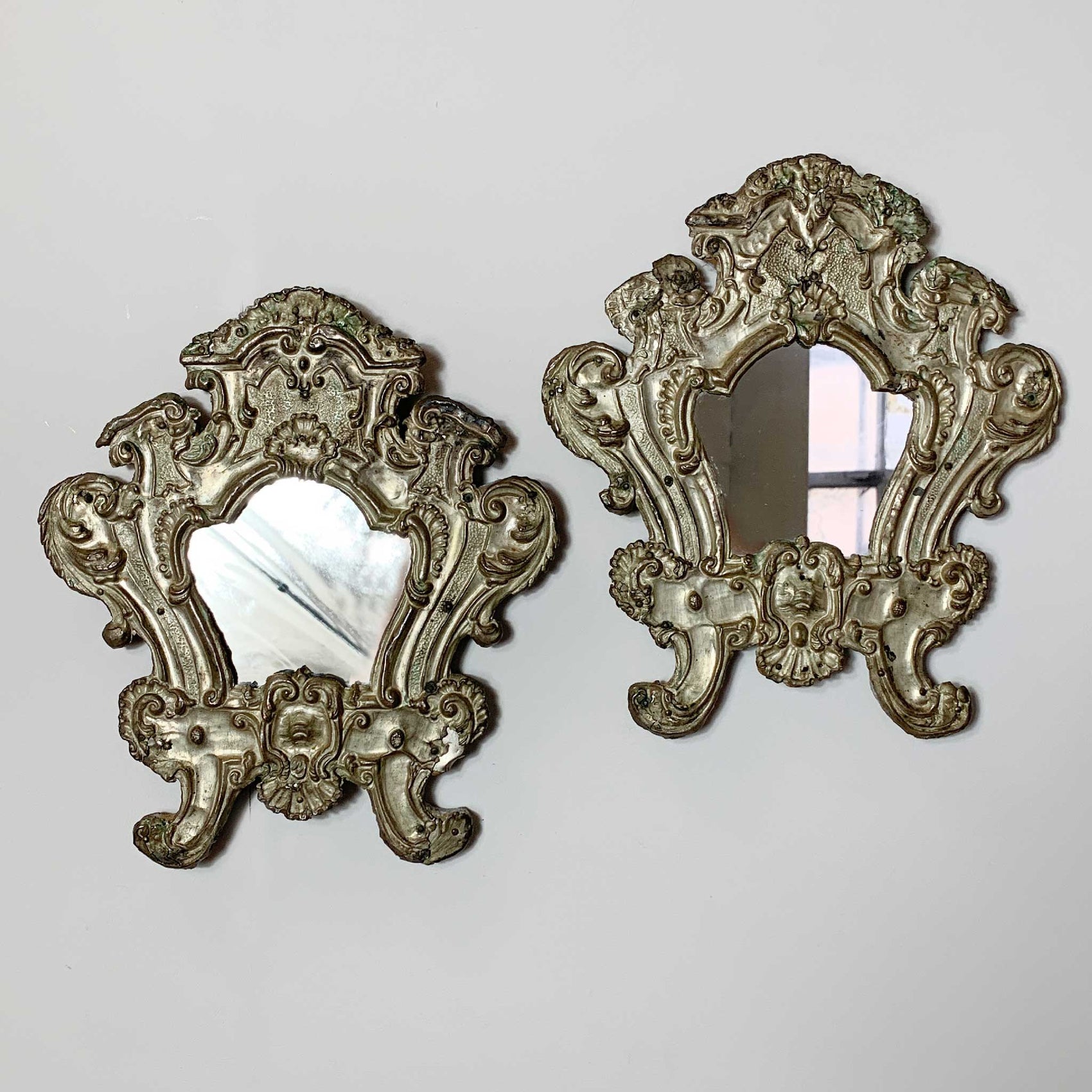 Pair Of European 18th C Silver Plated Baroque Mirrors