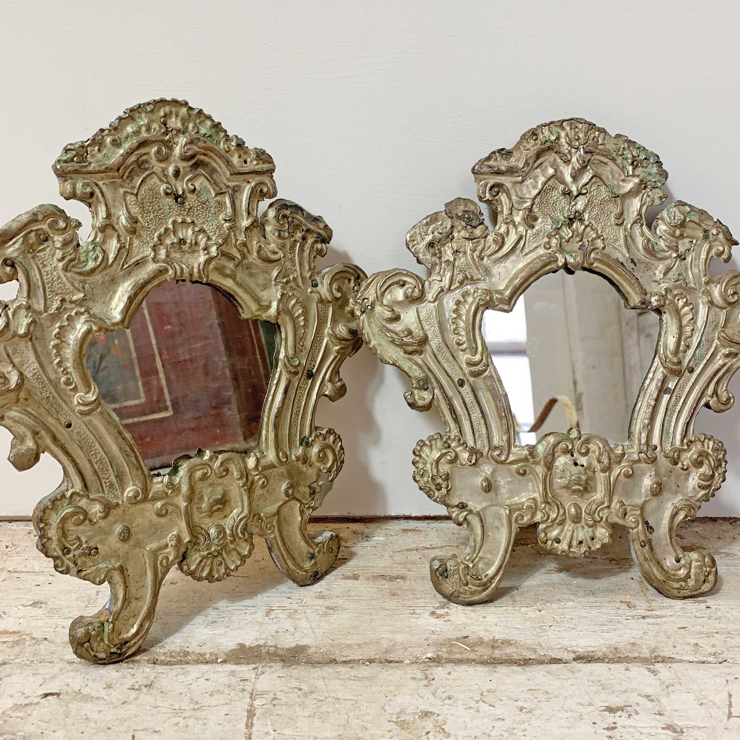 Pair Of European 18th C Silver Plated Baroque Mirrors