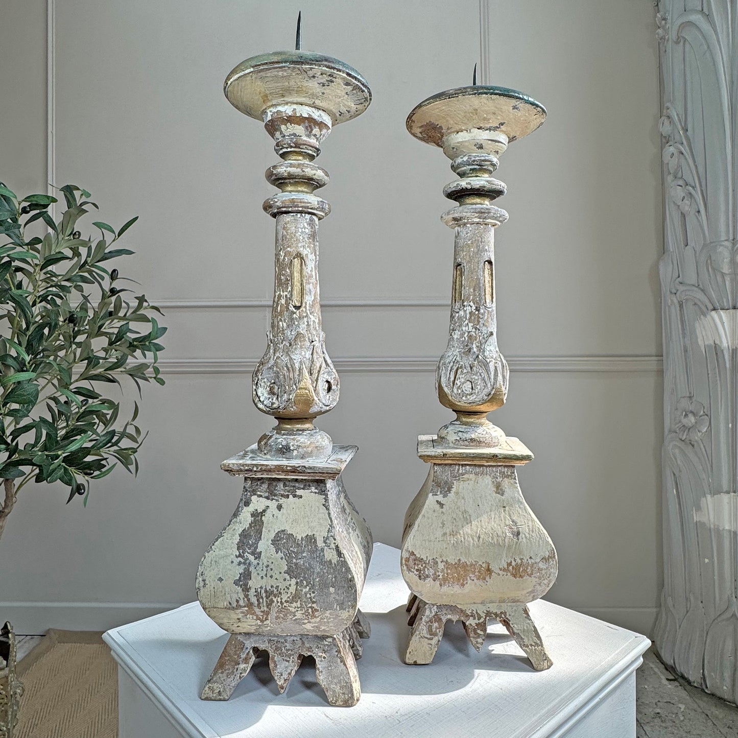 Pair Of 19th Century Swedish Gustavian Carved Wooden Candlesticks