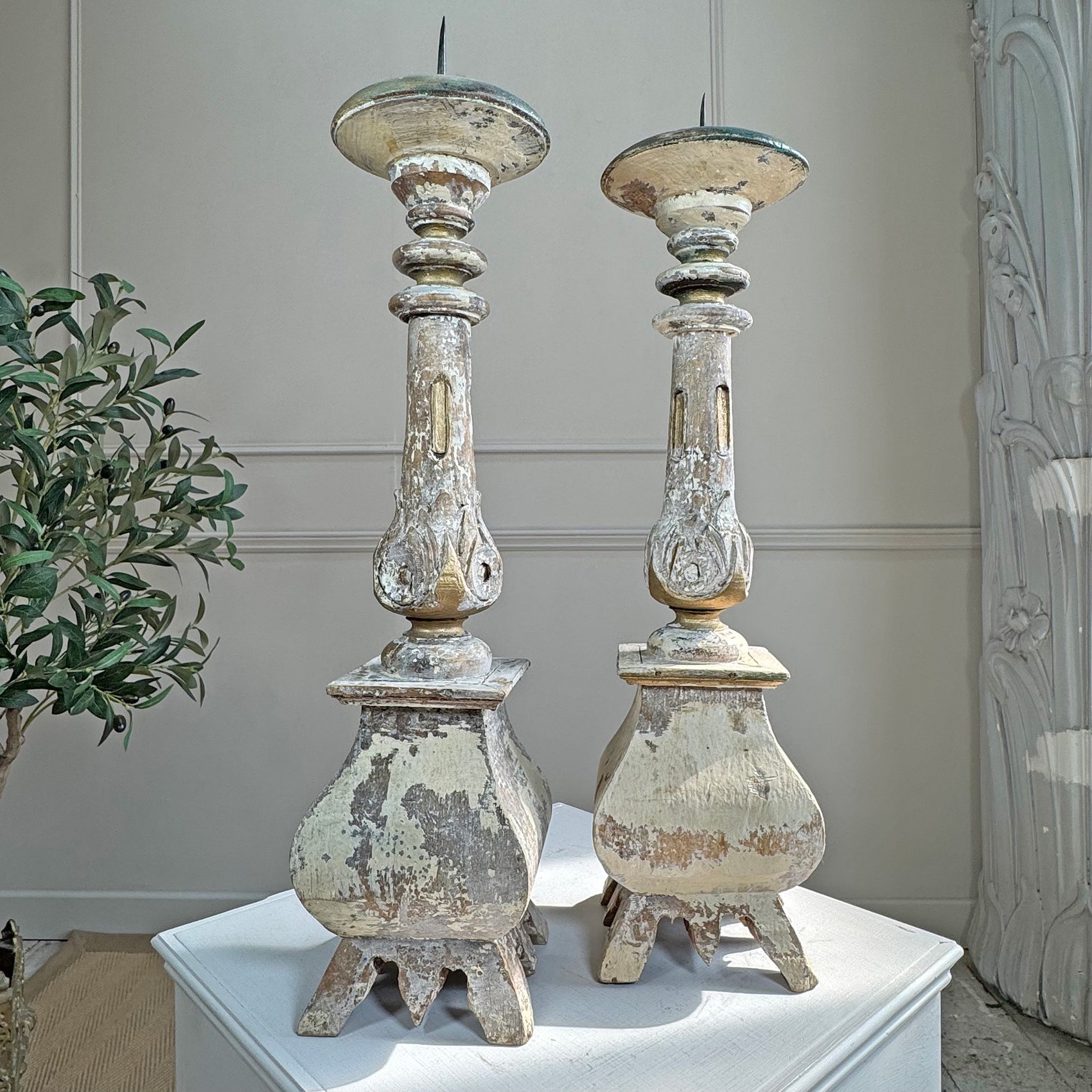 Pair Of 19th Century Swedish Gustavian Carved Wooden Candlesticks